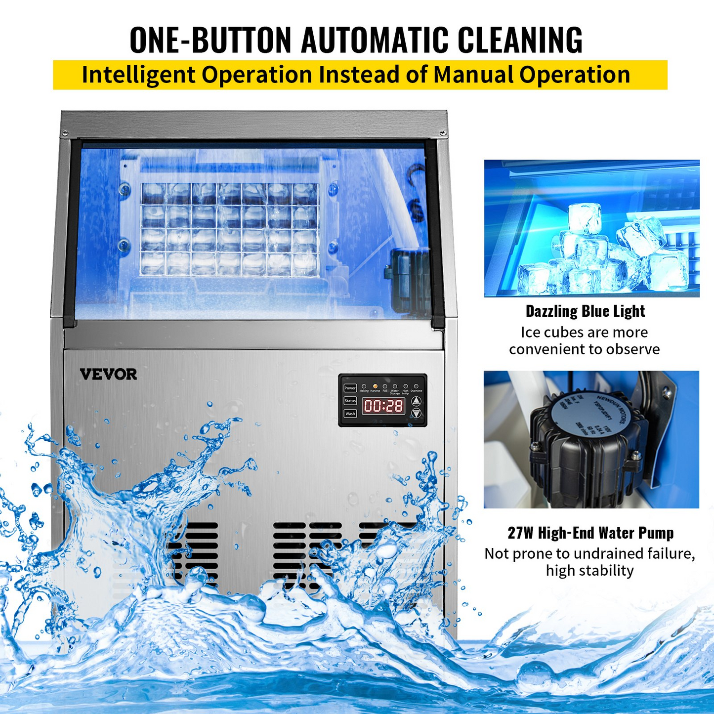 VEVOR 110V Commercial Ice Maker 65LBS/24H with 24LBS Bin, Full Heavy Duty Stainless Steel Construction, Automatic Operation, Clear Cube for Home Bar, Include Water Filter, Scoop, Connection Hose