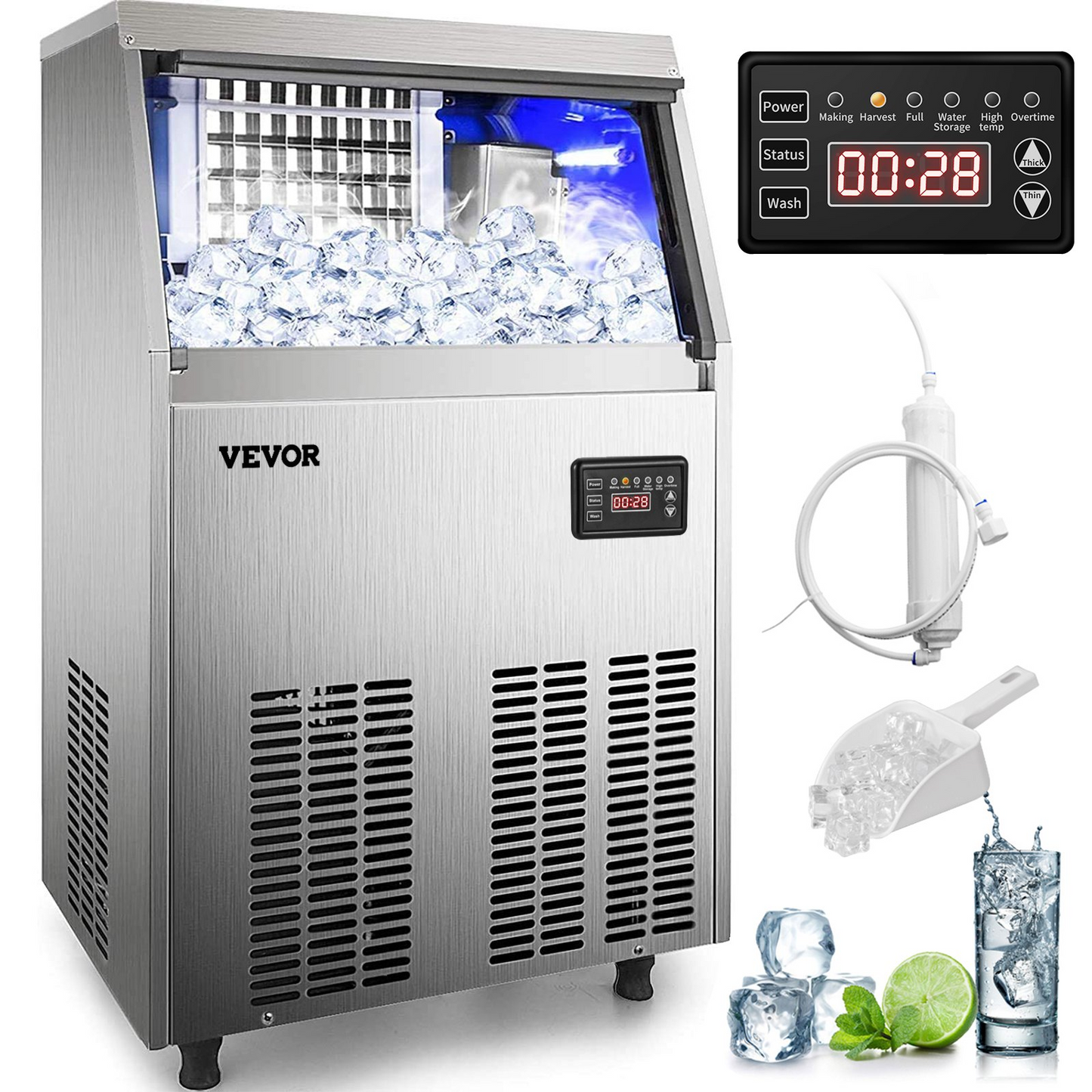 VEVOR 110V Commercial Ice Maker 65LBS/24H with 24LBS Bin, Full Heavy Duty Stainless Steel Construction, Automatic Operation, Clear Cube for Home Bar, Include Water Filter, Scoop, Connection Hose
