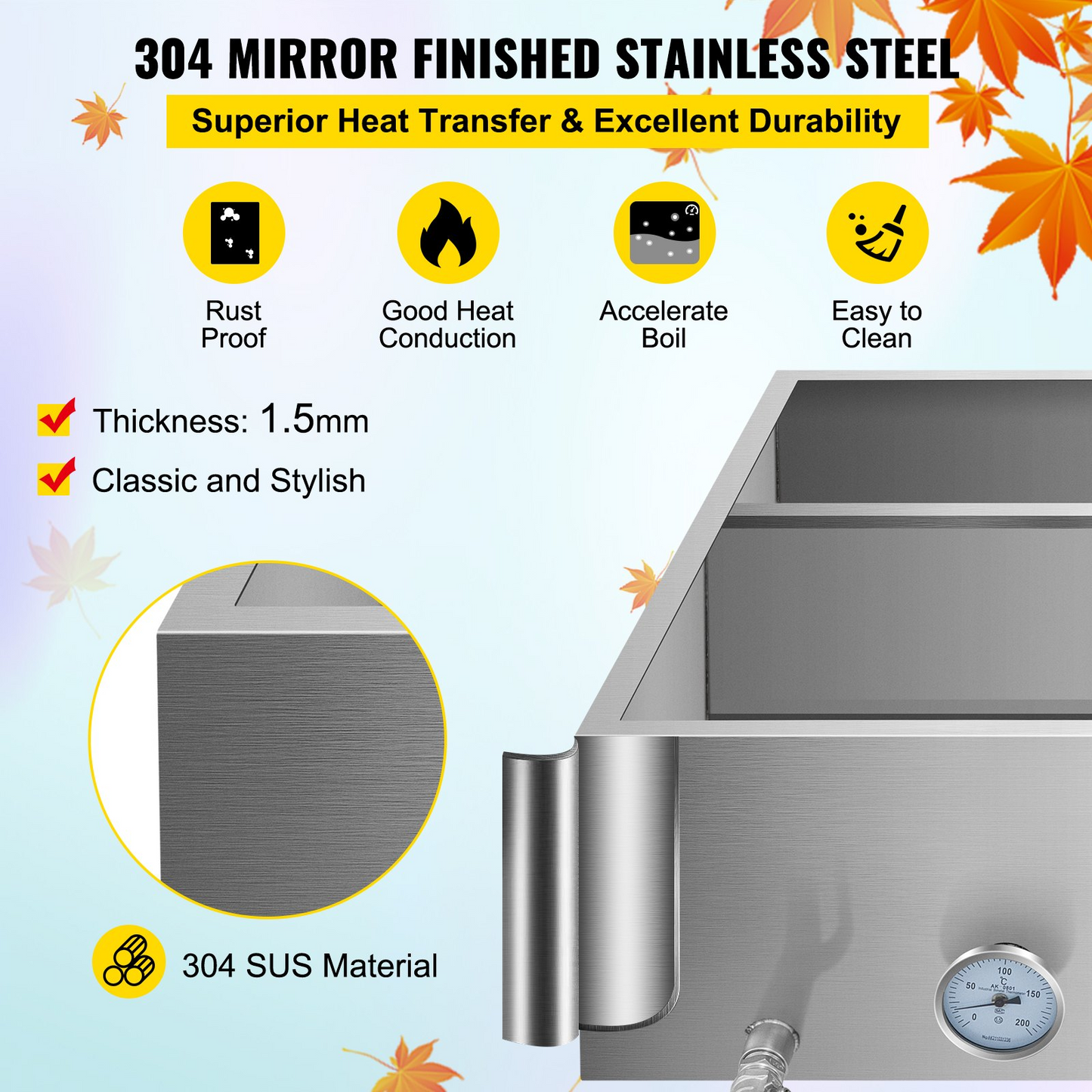 VEVOR Maple Syrup Evaporator Pan 36x24x18.5 Inch Stainless Steel Maple Syrup Boiling Pan with Valve and Thermometer and Divided Pan and Feed Pan