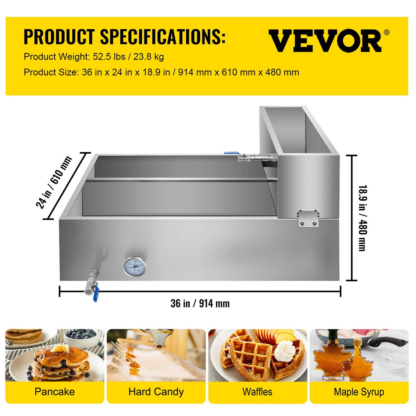 VEVOR Maple Syrup Evaporator Pan 36x24x18.5 Inch Stainless Steel Maple Syrup Boiling Pan with Valve and Thermometer and Divided Pan and Feed Pan