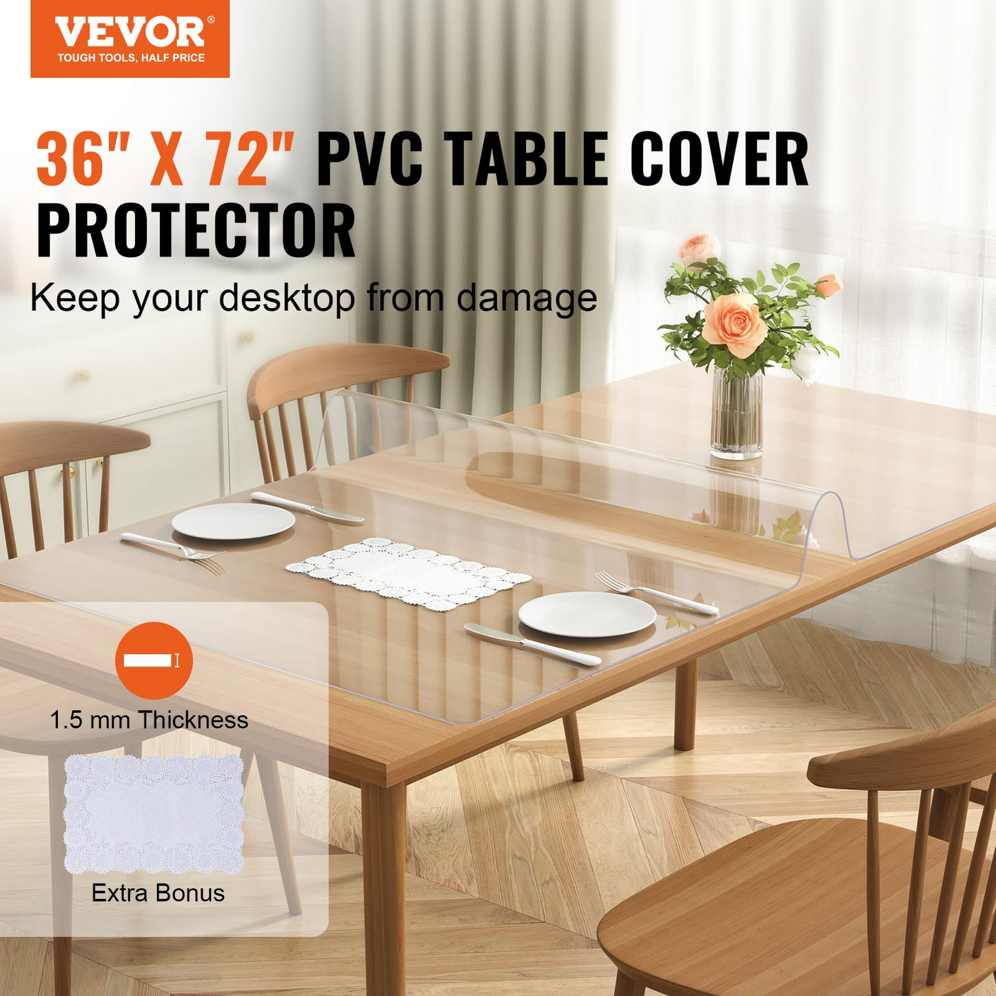 VEVOR Clear Table Cover Protector, 36" x 72" Table Cover, 1.5 mm Thick PVC Plastic Tablecloth, Waterproof Desktop Protector for Writing Desk, Coffee Table, Dining Room Table