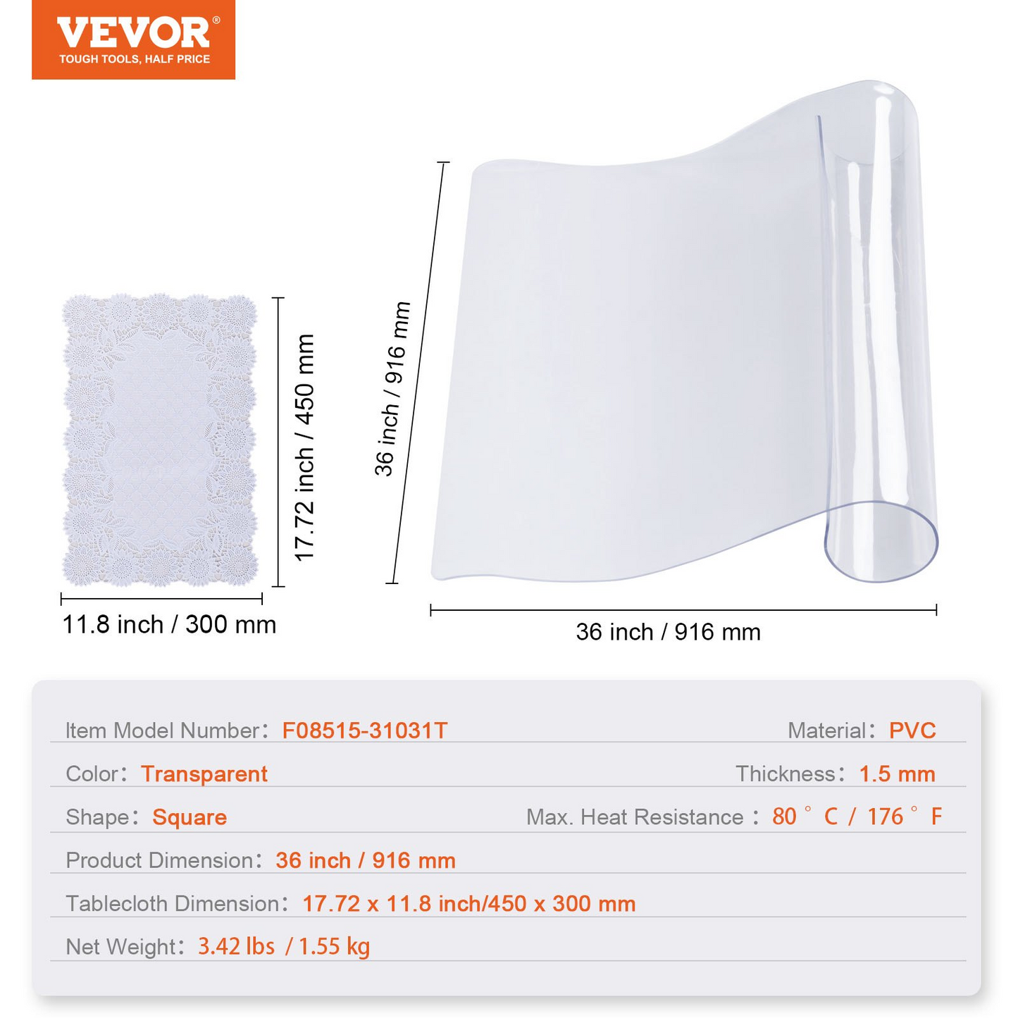 VEVOR Clear Table Cover Protector, 36"x36"/916 x 916 mm Table Cover, 1.5 mm Thick PVC Plastic Tablecloth, Waterproof Desktop Protector for Writing Desk, Coffee Table, Dining Room Table