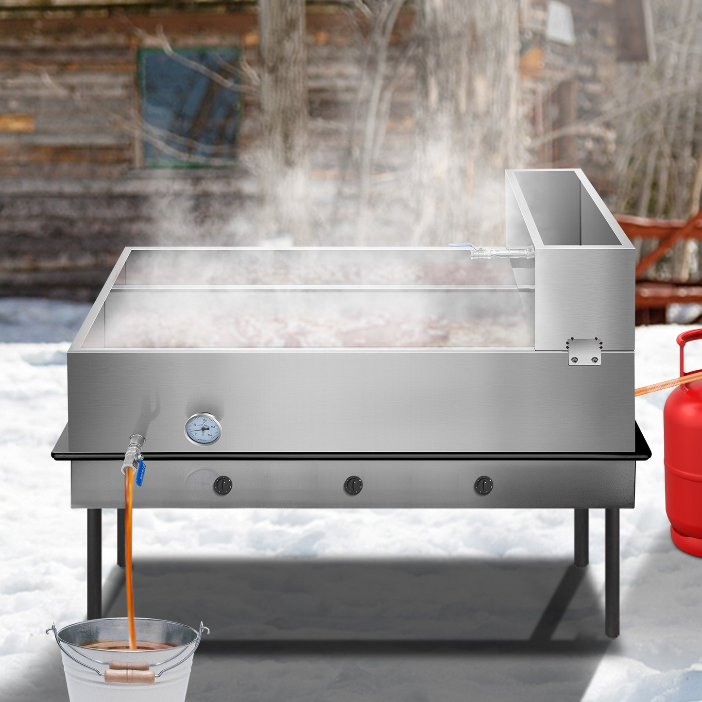 VEVOR Maple Syrup Evaporator Pan 48x24x19 Inch Stainless Steel Maple Syrup Boiling Pan with Valve and Thermometer and Divided Pan and Feed Pan