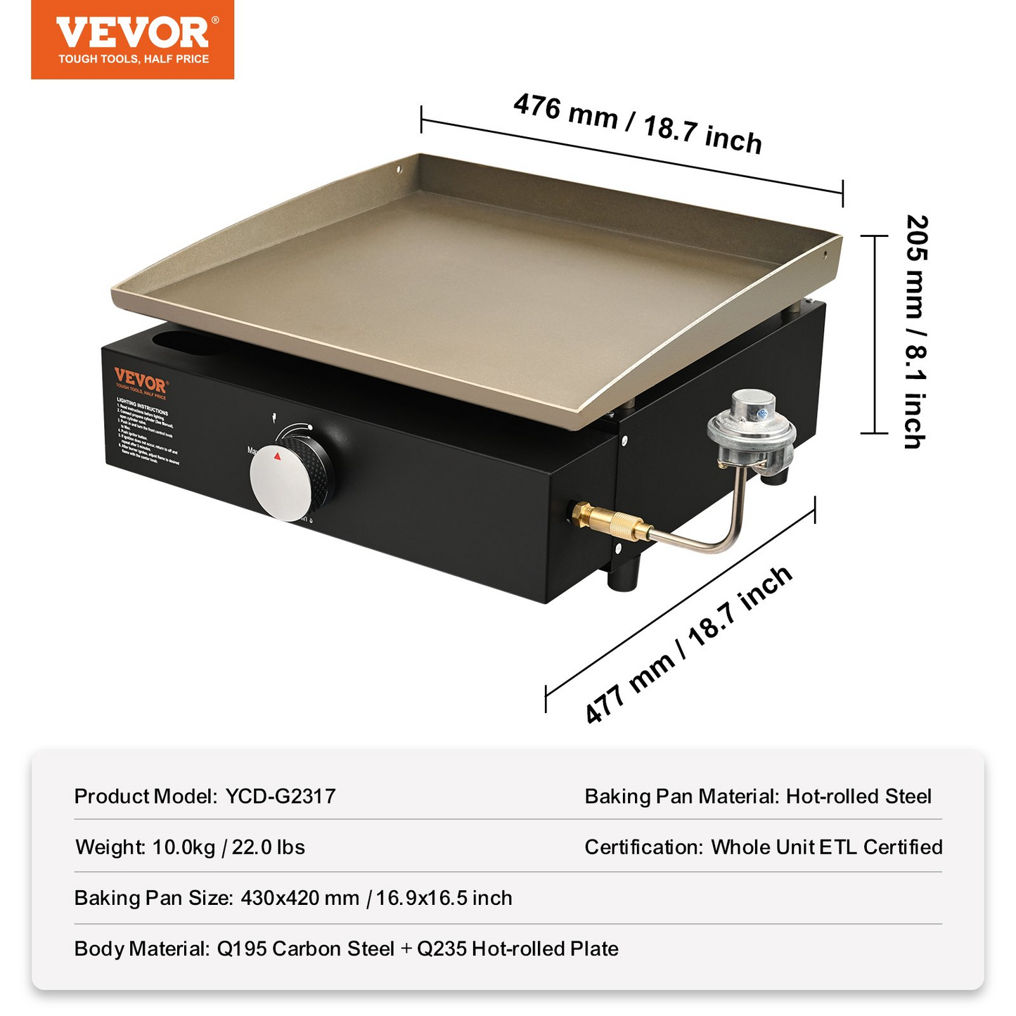 VEVOR Commercial Griddle, 16.9" Heavy Duty Manual Flat Top Griddle, Countertop Gas Grill with Non-Stick Cooking Plate, Steel LPG Gas Griddle, 1-Burner Restaurant Portable Grill - 13,000 BTU