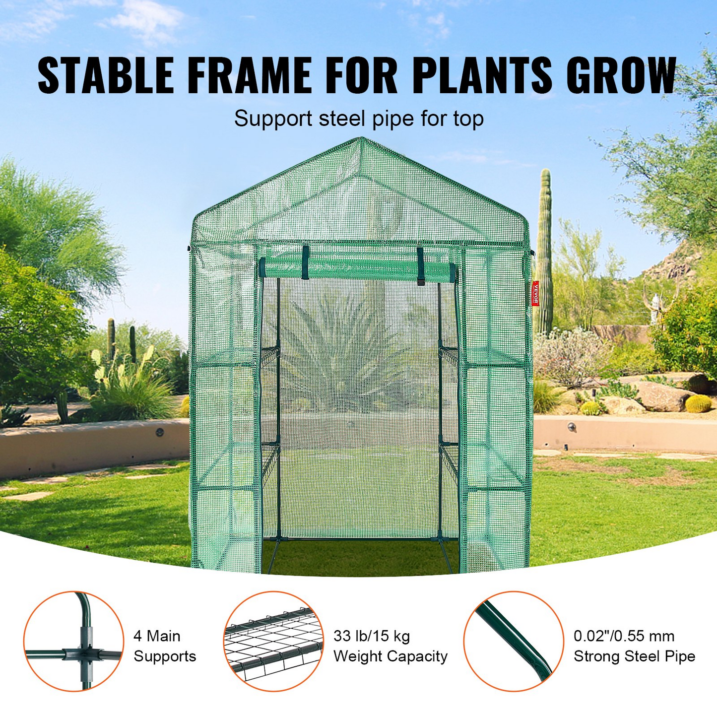 VEVOR Walk-in Green House, 4.6 x 2.4 x 6.7 ft, Greenhouse with Shelves, High Strength PE Cover with Doors, Windows and Steel Frame, Set Up in Minutes, for Planting and Storage