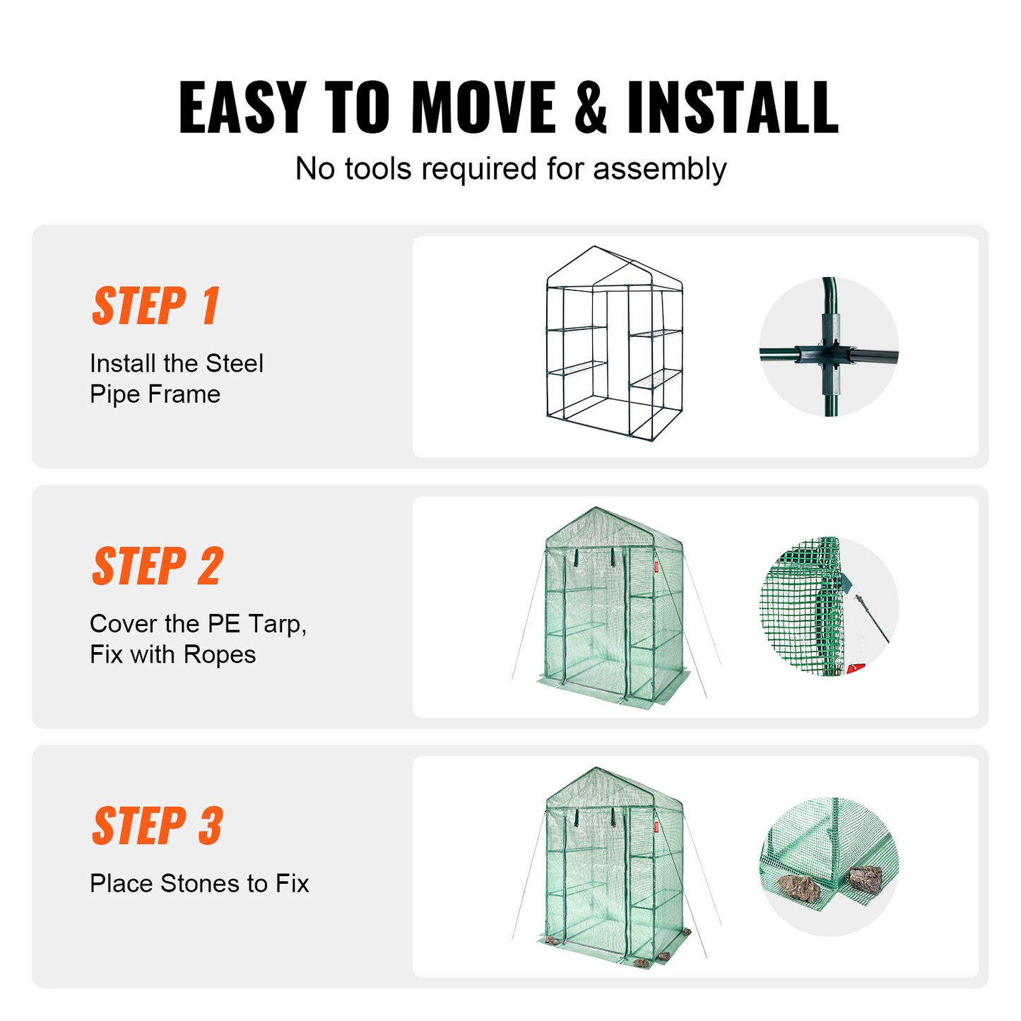 VEVOR Walk-in Green House, 4.6 x 2.4 x 6.7 ft, Greenhouse with Shelves, High Strength PE Cover with Doors, Windows and Steel Frame, Set Up in Minutes, for Planting and Storage