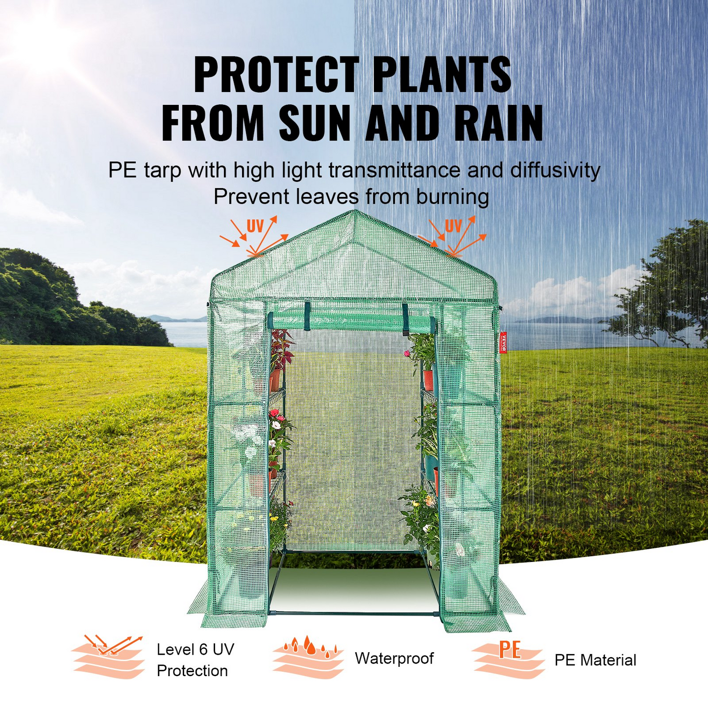 VEVOR Walk-in Green House, 4.6 x 2.4 x 6.7 ft, Greenhouse with Shelves, High Strength PE Cover with Doors, Windows and Steel Frame, Set Up in Minutes, for Planting and Storage