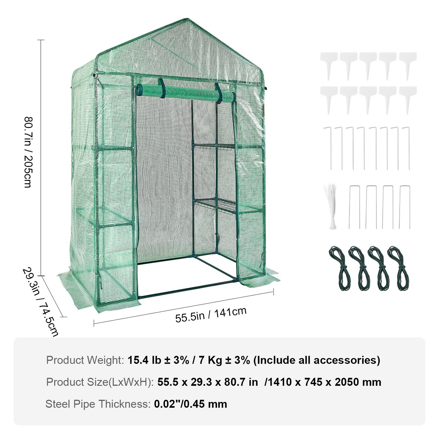 VEVOR Walk-in Green House, 4.6 x 2.4 x 6.7 ft, Greenhouse with Shelves, High Strength PE Cover with Doors, Windows and Steel Frame, Set Up in Minutes, for Planting and Storage