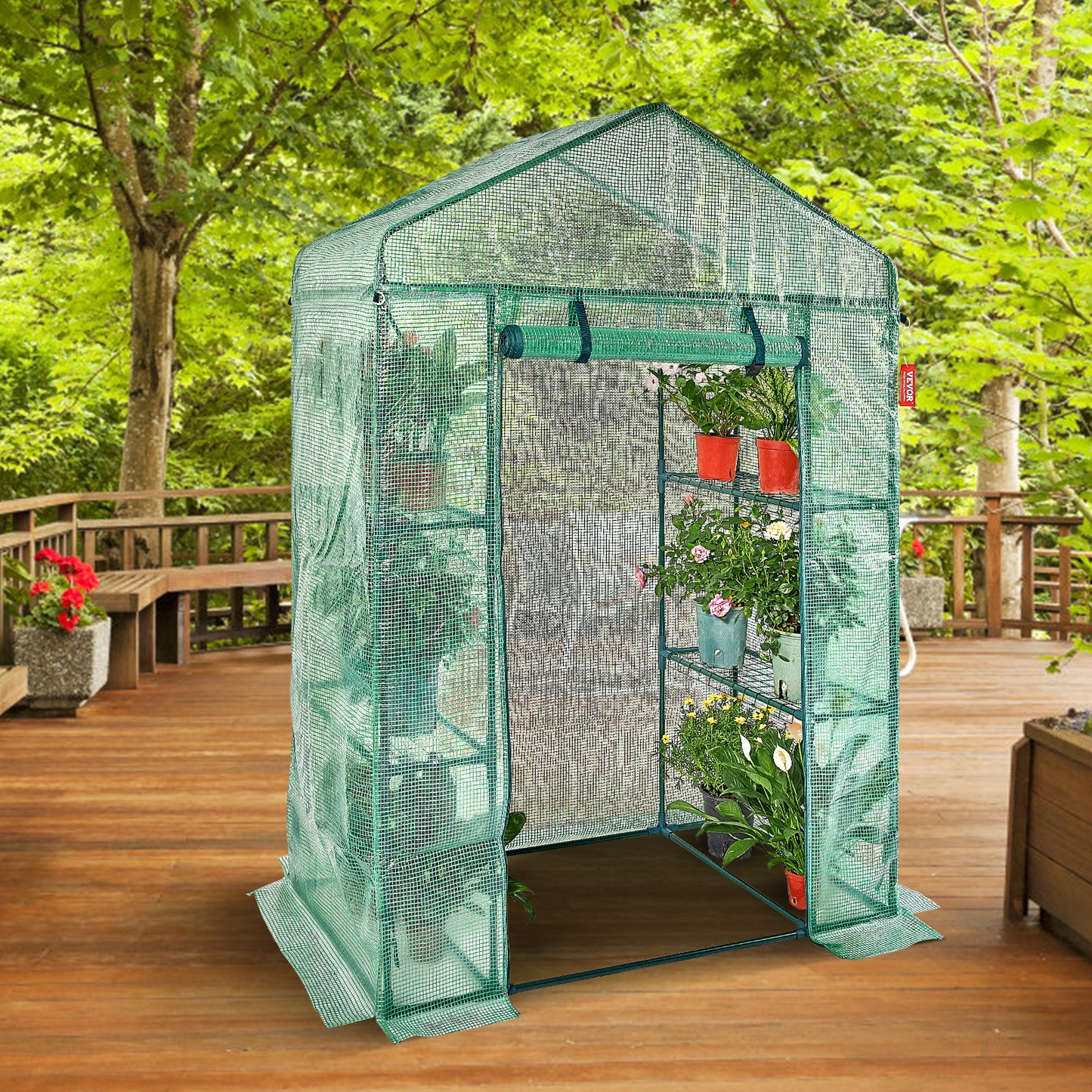 VEVOR Walk-in Green House, 4.6 x 2.4 x 6.7 ft, Greenhouse with Shelves, High Strength PE Cover with Doors, Windows and Steel Frame, Set Up in Minutes, for Planting and Storage