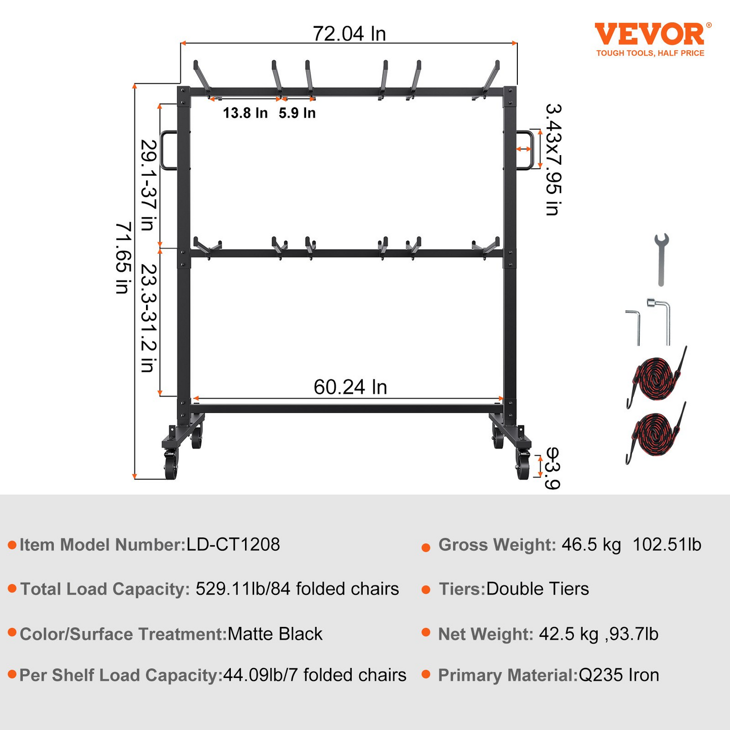 VEVOR Folding Chair Cart, Double Layer Mobile Stackable Chair Dolly, Storage Rack Trolley with 530 Lbs Capacity to Store 84 Chairs, Heavy Duty Iron Chairs Holder with 4 Casters, 2 Elastic Cords, Cover