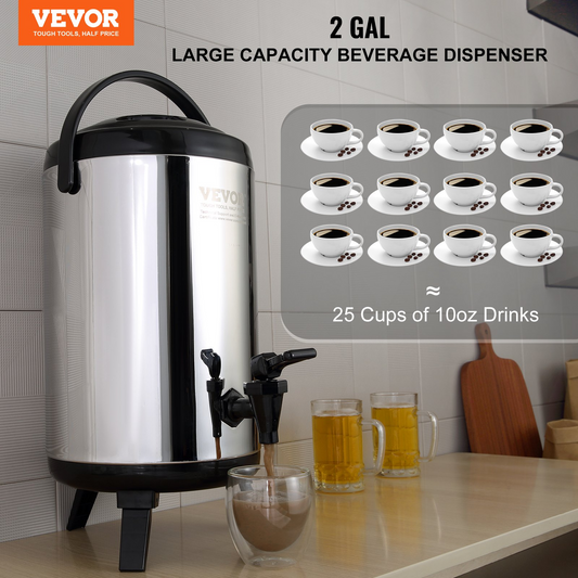 VEVOR Stainless Steel Insulated Beverage Dispenser, 2 Gallon 7.6 Liter, Thermal Hot and Cold Drink Server Dispenser with Spigot Handle, Food-grade for Hot Tea Coffee Water Restaurant Drink Shop