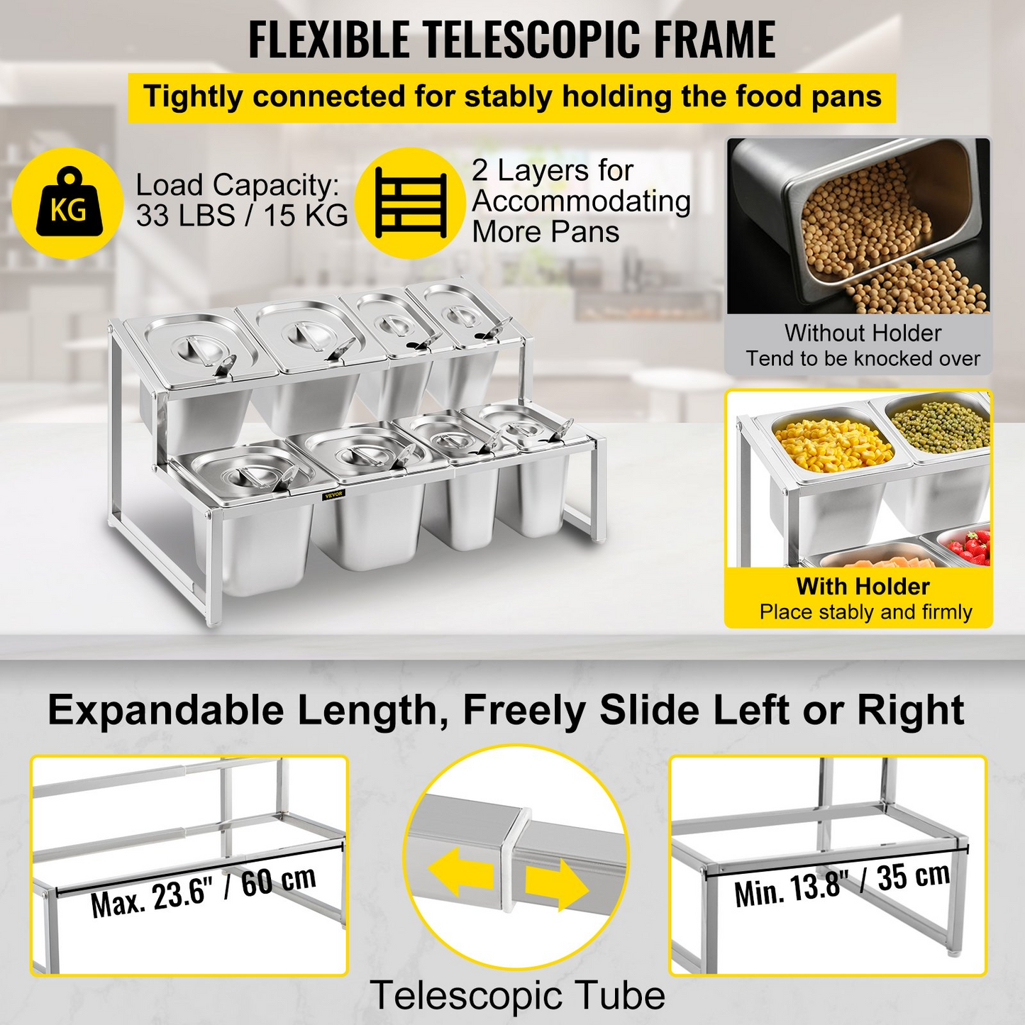 VEVOR Expandable Spice Rack, 13.8"-23.6" Adjustable, 2-Tier Stainless Steel Organizer Shelf with 4 1/9 Pans 4 1/6 Pan 8 Ladles, Countertop Inclined Holder for Sauce Ingredients Fruits, for Kitchen Use