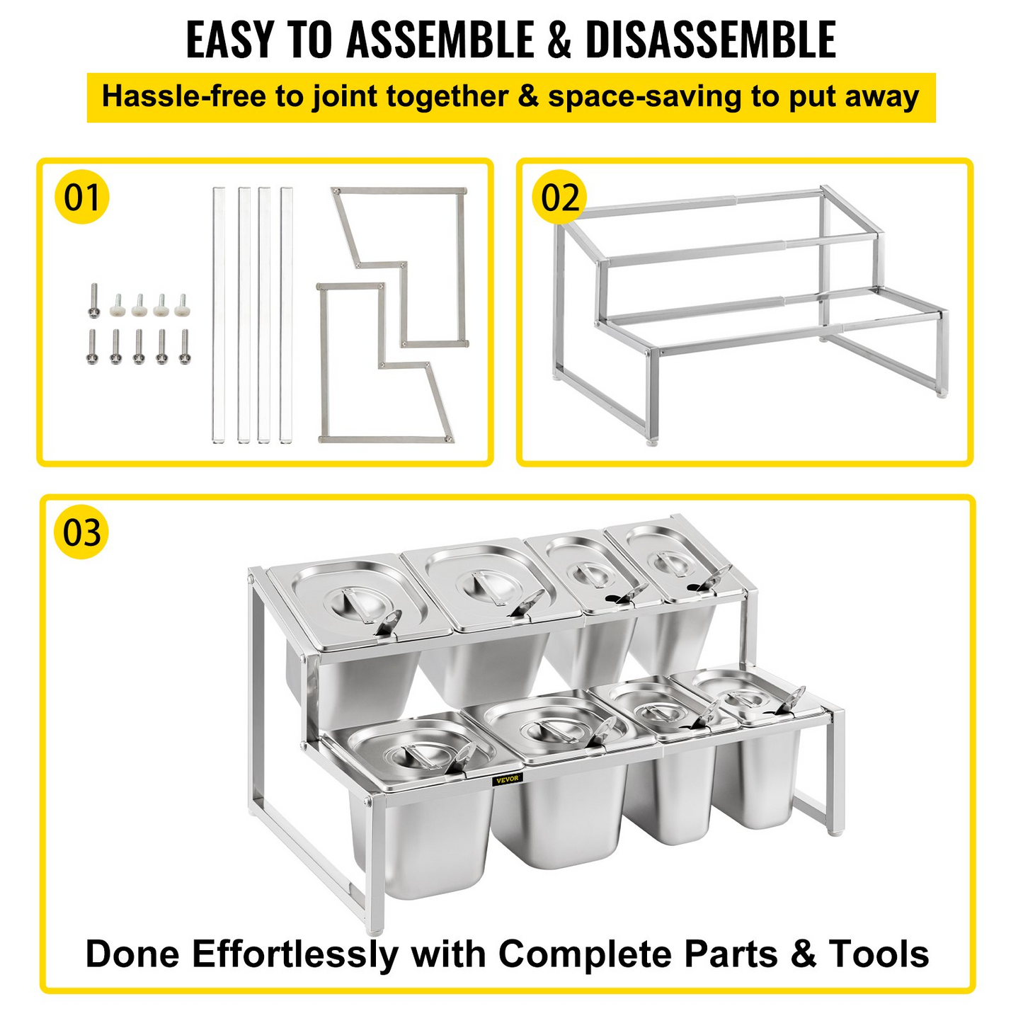 VEVOR Expandable Spice Rack, 13.8"-23.6" Adjustable, 2-Tier Stainless Steel Organizer Shelf with 4 1/9 Pans 4 1/6 Pan 8 Ladles, Countertop Inclined Holder for Sauce Ingredients Fruits, for Kitchen Use