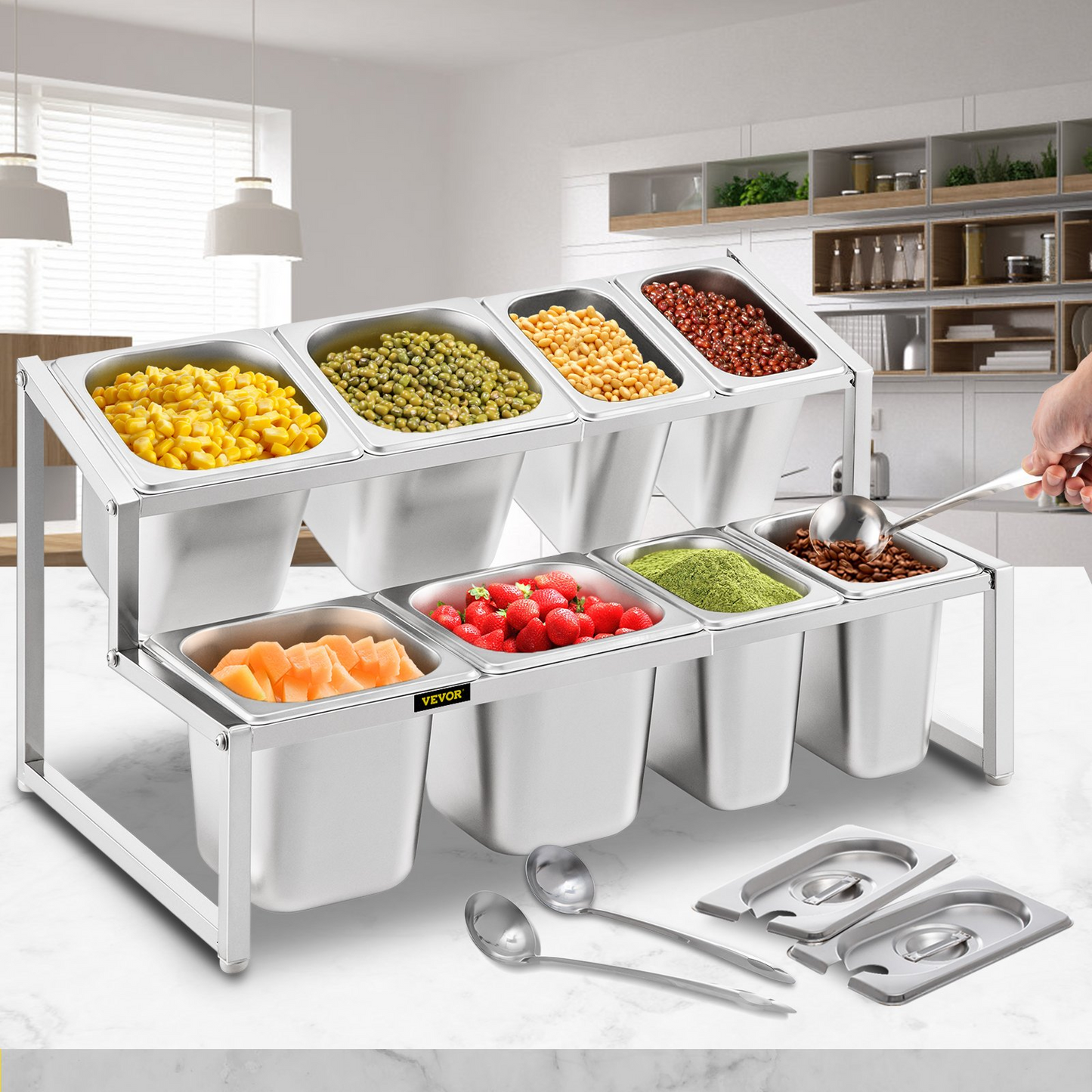 VEVOR Expandable Spice Rack, 13.8"-23.6" Adjustable, 2-Tier Stainless Steel Organizer Shelf with 4 1/9 Pans 4 1/6 Pan 8 Ladles, Countertop Inclined Holder for Sauce Ingredients Fruits, for Kitchen Use