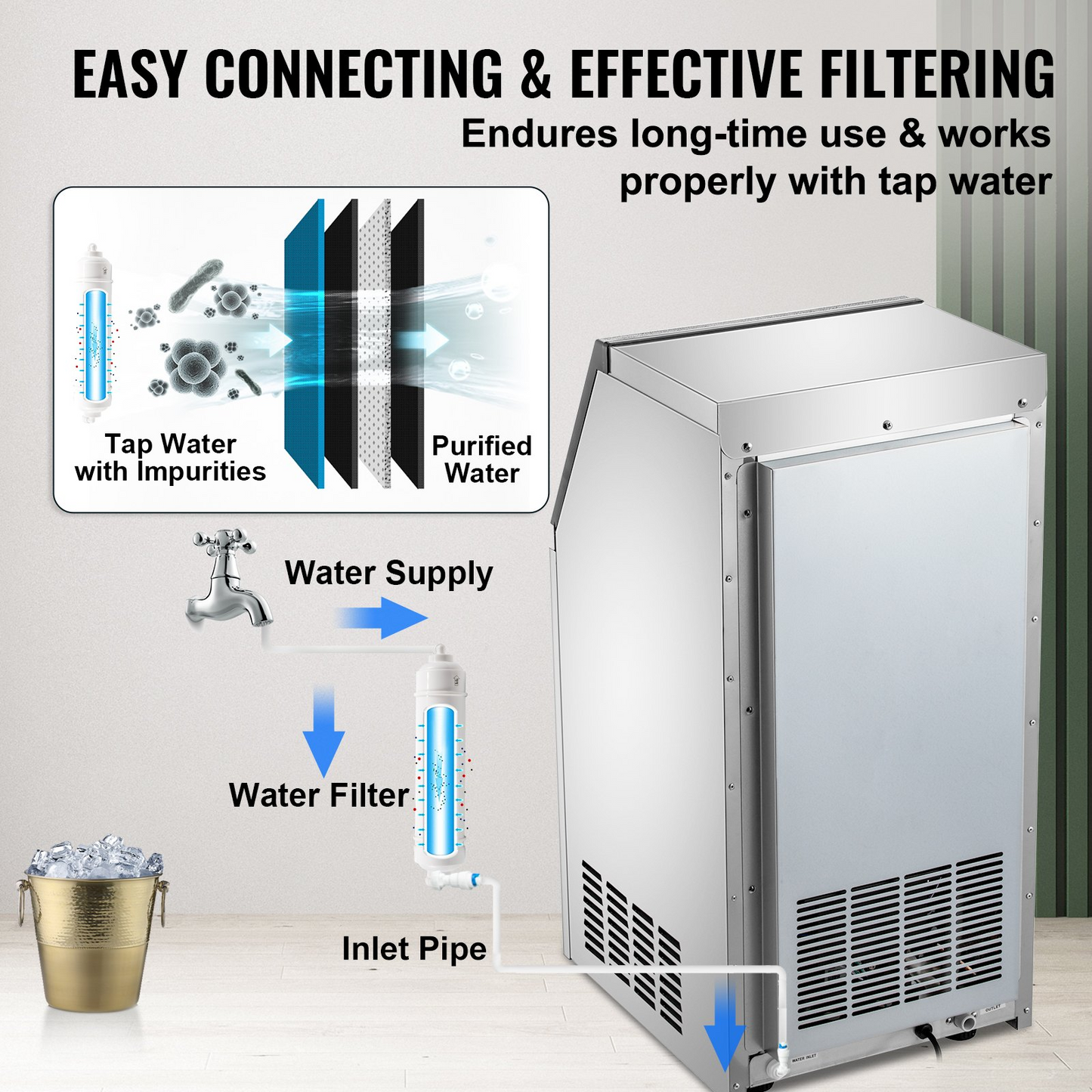 VEVOR 110V Commercial Ice Maker 120LBS/24H with 22LBs Storage Ice Maker Machine Stainless Steel Portable Automatic Ice Machine with Scoop and Connection Hoses Perfect for Restaurants Bars Cafe