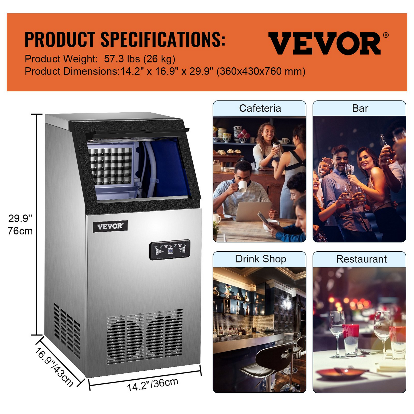 VEVOR 110V Commercial Ice Maker 120LBS/24H with 22LBs Storage Ice Maker Machine Stainless Steel Portable Automatic Ice Machine with Scoop and Connection Hoses Perfect for Restaurants Bars Cafe