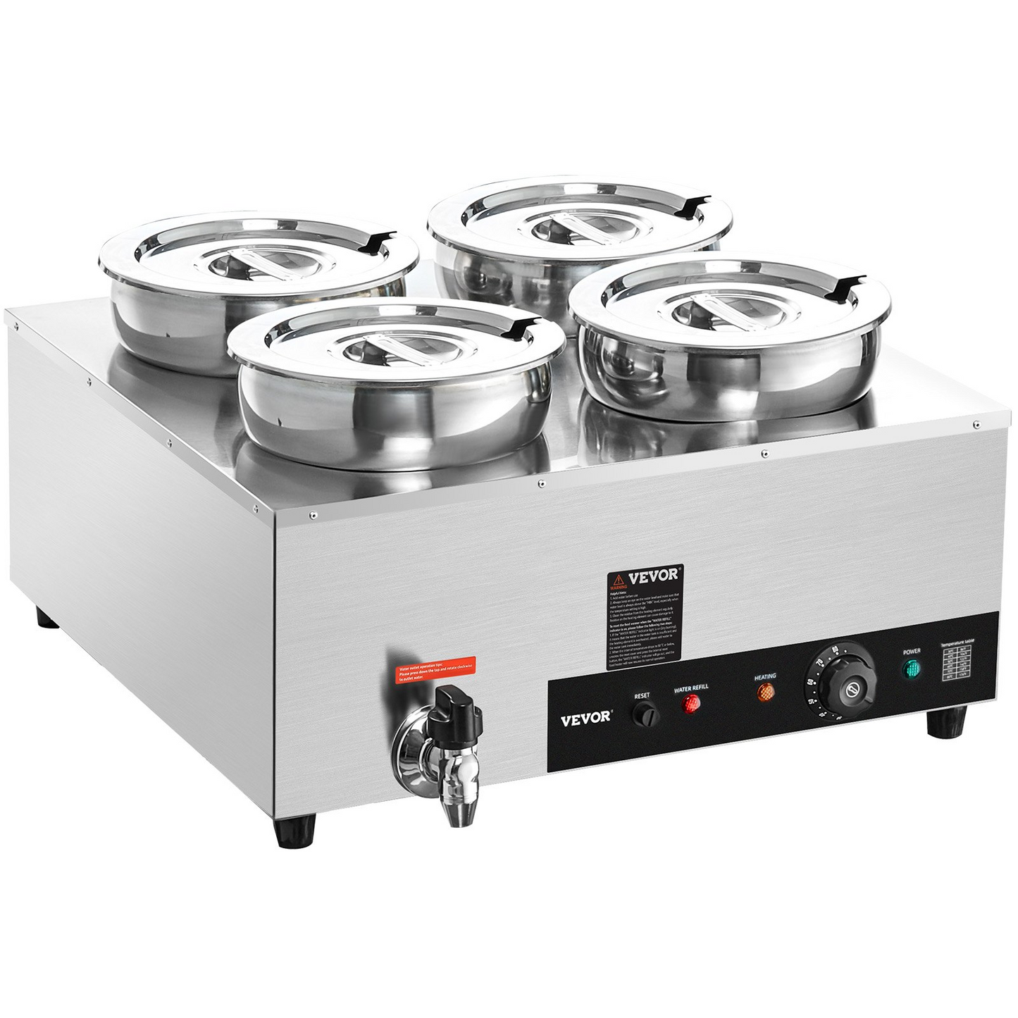 VEVOR Electric Soup Warmer, Four 7.4QT Stainless Steel Round Pot 86~185°F Adjustable Temp, 1500W Commercial Bain Marie with Anti-dry Burn and Reset Button, Soup Station for Restaurant, Buffet, Silver