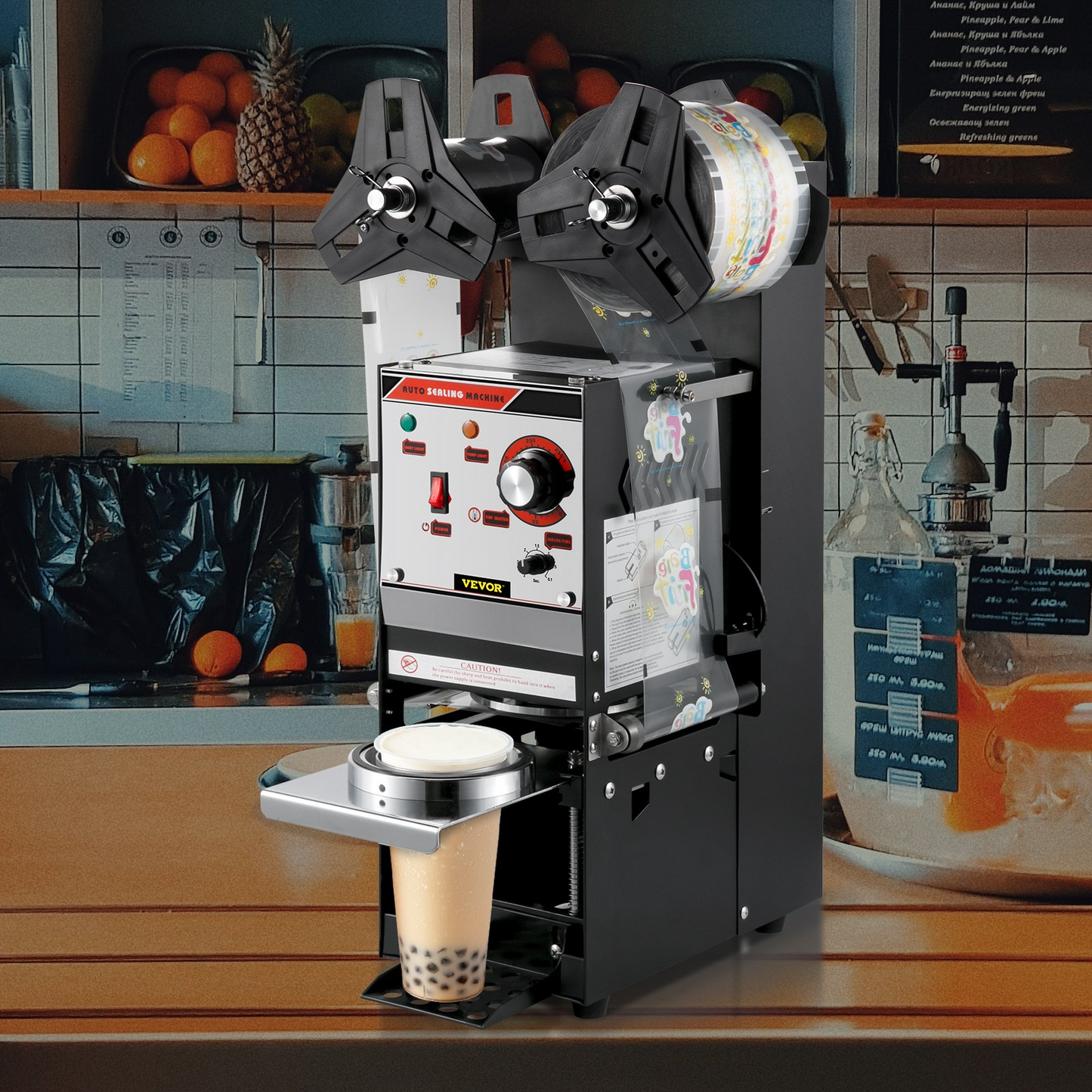 VEVOR Semi-automatic Cup Sealing Machine, 300-500 Cup/h Tea Cup Sealer Machine, Black Boba Cup Sealer Machine, 90/95mm Cup Diameter Boba Cup Sealing Machine with Control Panel for Bubble Milk Tea