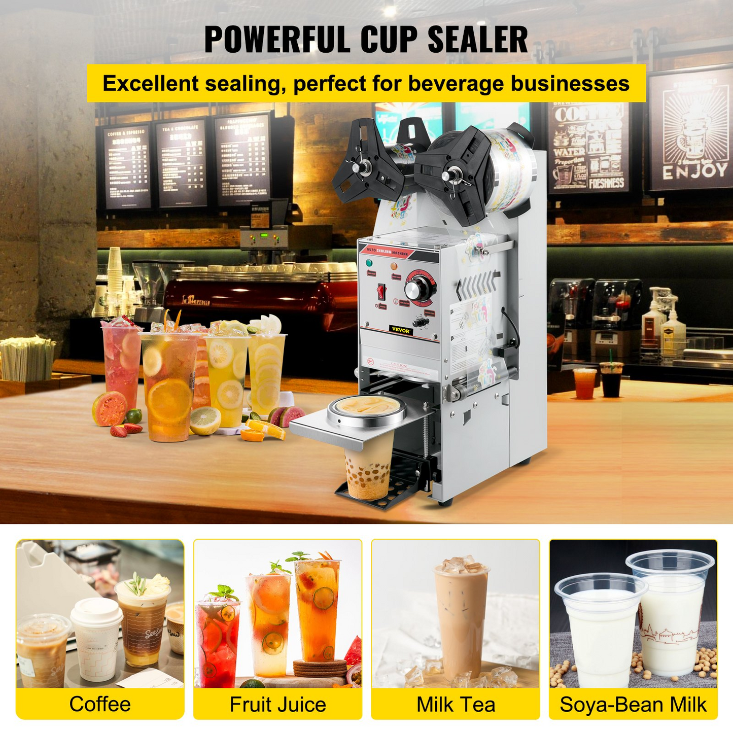VEVOR Semi-automatic Cup Sealing Machine, 300-500 Cup/h Tea Cup Sealer Machine, Silver Boba Cup Sealer Machine, 90/95mm Cup Diameter Boba Cup Sealing Machine with Control Panel for Bubble Milk Tea