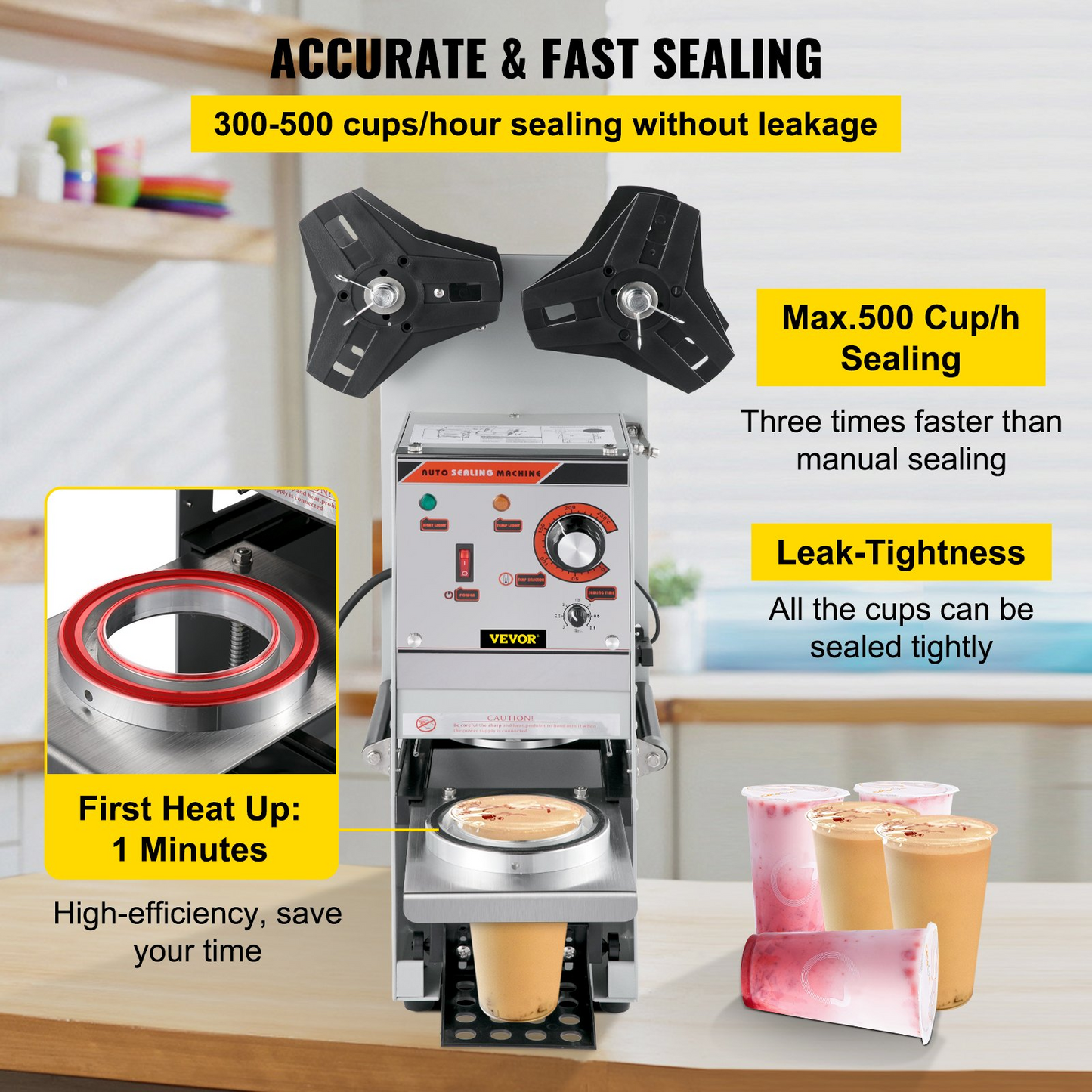 VEVOR Semi-automatic Cup Sealing Machine, 300-500 Cup/h Tea Cup Sealer Machine, Silver Boba Cup Sealer Machine, 90/95mm Cup Diameter Boba Cup Sealing Machine with Control Panel for Bubble Milk Tea