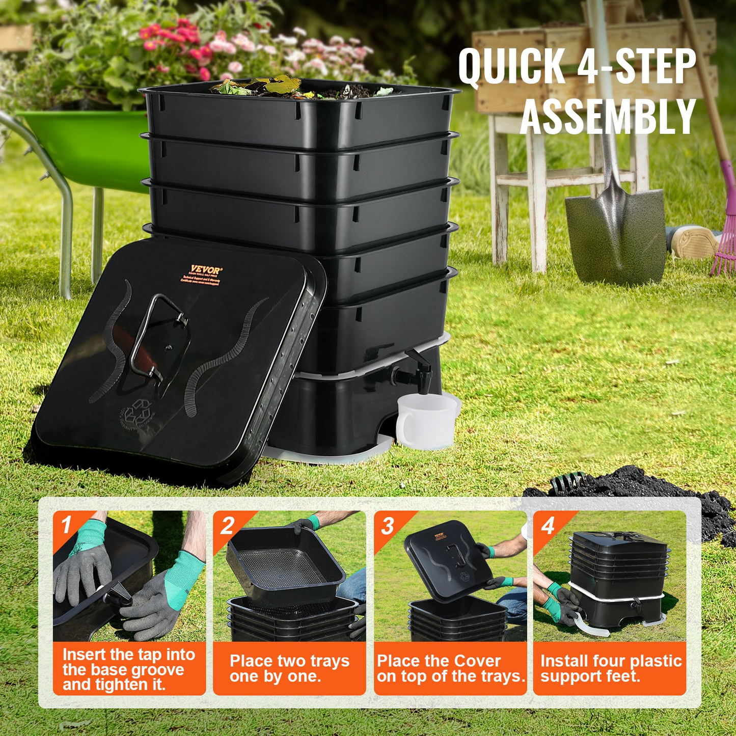 VEVOR 5-Tray Worm Composter, 50 L Worm Compost Bin Outdoor and Indoor, Sustainable Design Worm Farm Kit, for Recycling Food Waste, Worm Castings, Worm Tea, Vermiculture and Vermicomposting