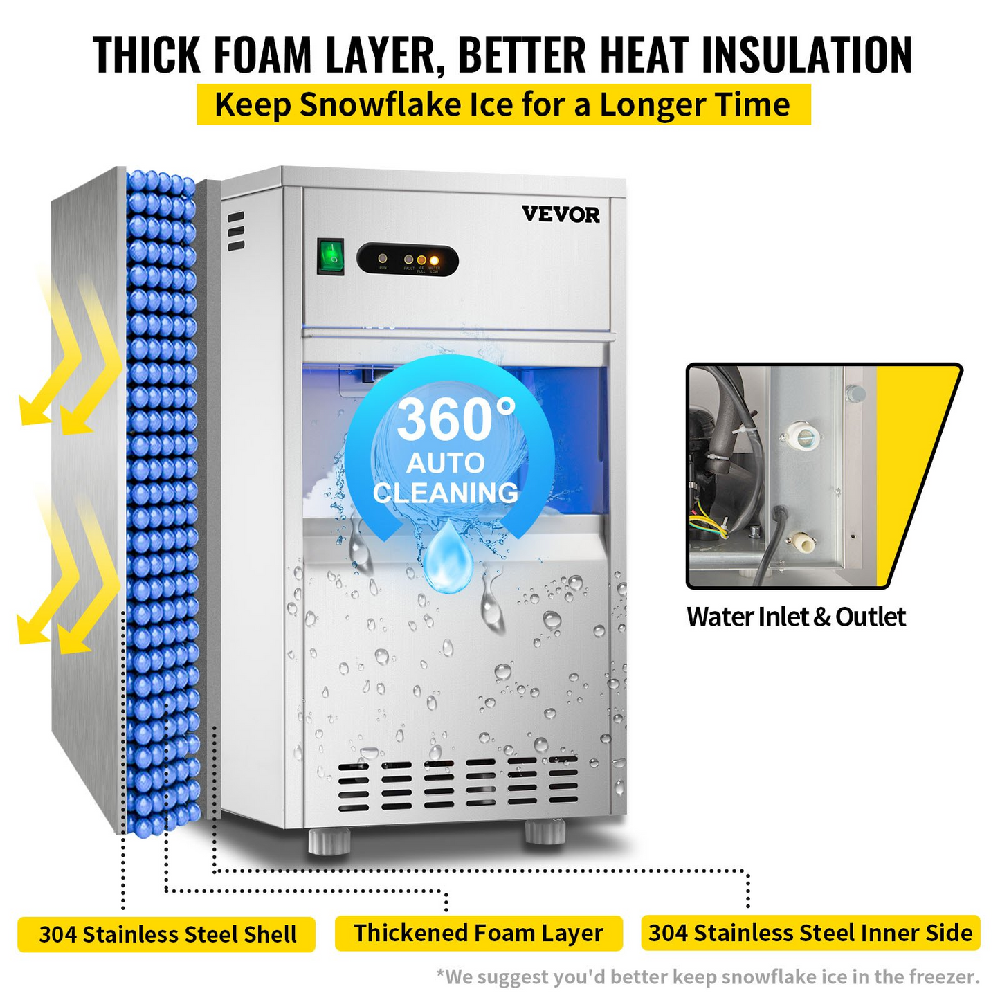 VEVOR 110V Commercial Snowflake Ice Maker 44LBS/24H, ETL Approved Food Grade Stainless Steel Flake Ice Machine Freestanding Flake Ice Maker for Seafood Restaurant, Water Filter and Spoon Included