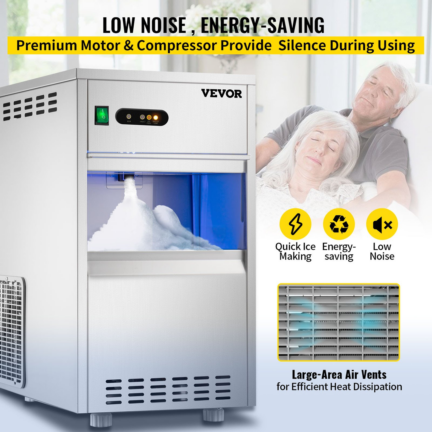 VEVOR 110V Commercial Snowflake Ice Maker 44LBS/24H, ETL Approved Food Grade Stainless Steel Flake Ice Machine Freestanding Flake Ice Maker for Seafood Restaurant, Water Filter and Spoon Included