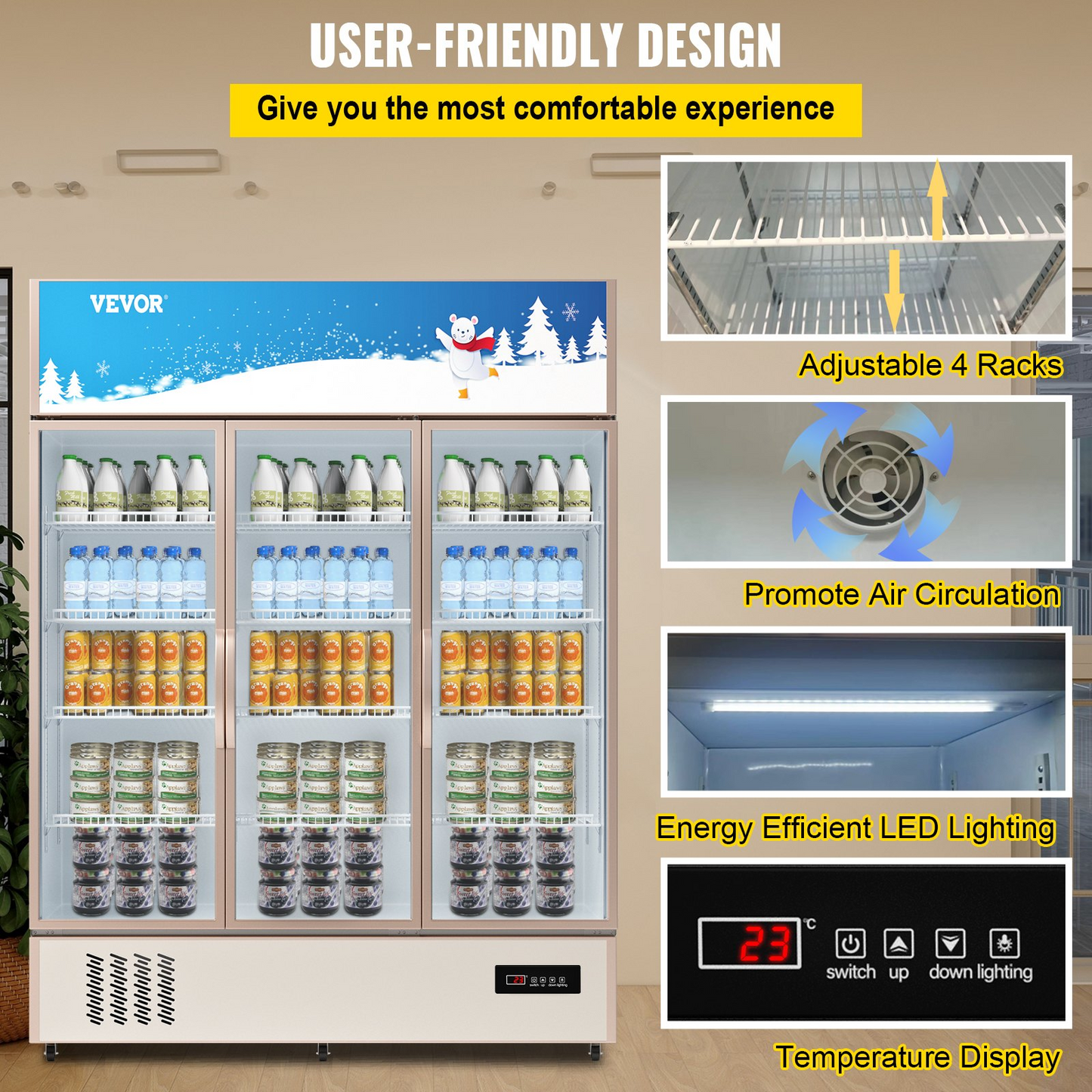 VEVOR Commercial Refrigerator,Display Fridge Upright Beverage Cooler, Glass Door with LED Light for Home, Store, Gym or Office, (35 cu.ft. Triple Swing Door)