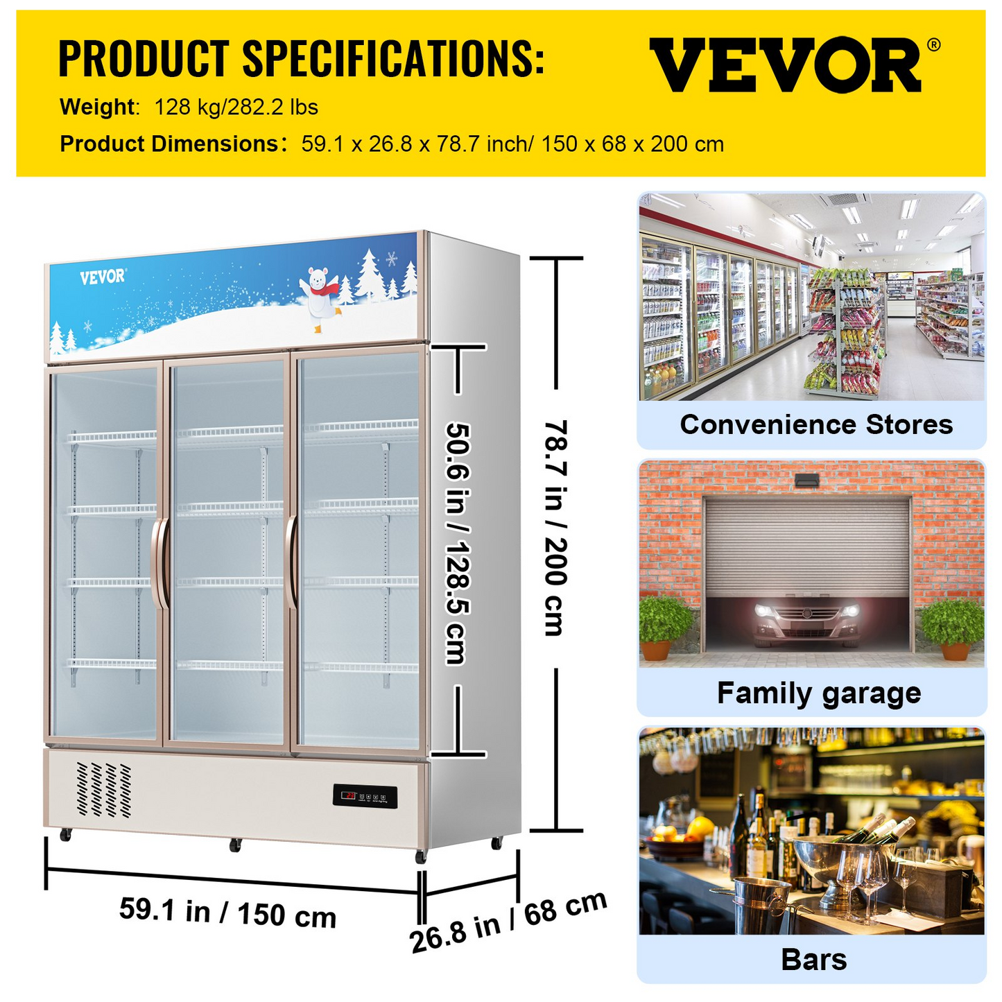 VEVOR Commercial Refrigerator,Display Fridge Upright Beverage Cooler, Glass Door with LED Light for Home, Store, Gym or Office, (35 cu.ft. Triple Swing Door)