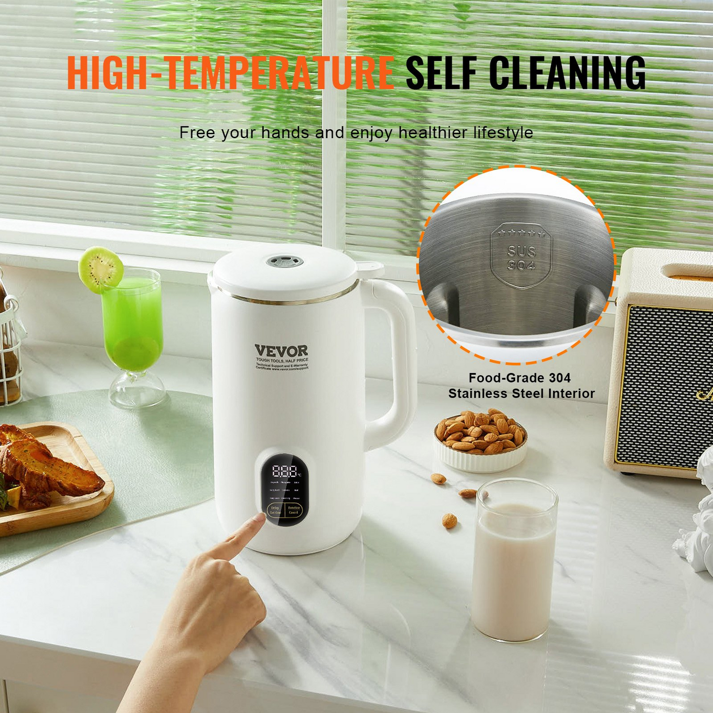 VEVOR Nut Milk Maker, 9-in-1 Soy Milk Maker with 12-Leaf Blades, 800ML Automatic Pant Based Soy/Oat Milk Maker with High Temperature Auto-Cleaning, 1-18 Hours Timer, Keep Warm, LCD Screen