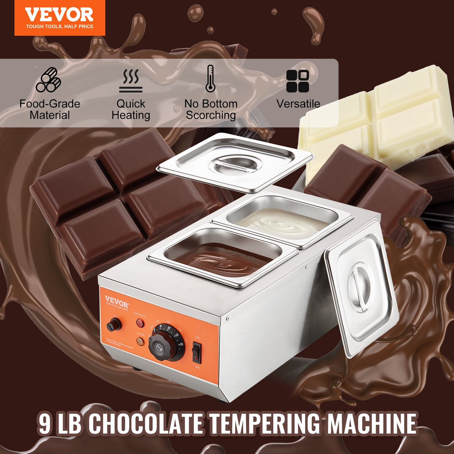 VEVOR Chocolate Tempering Machine, 9 Lbs 2 Tanks Chocolate Melting Pot with TEMP Control 86~185℉, 800W Stainless Steel Electric Commercial Food Warmer For Chocolate/Milk/Cream Melting and Heating
