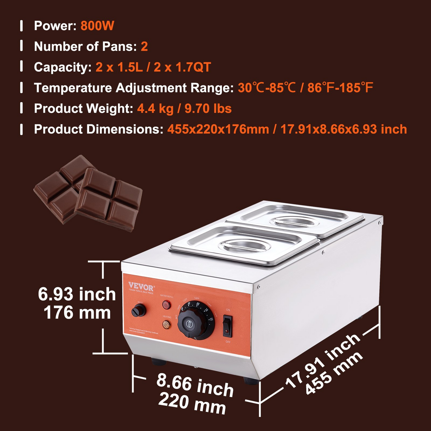 VEVOR Chocolate Tempering Machine, 9 Lbs 2 Tanks Chocolate Melting Pot with TEMP Control 86~185℉, 800W Stainless Steel Electric Commercial Food Warmer For Chocolate/Milk/Cream Melting and Heating