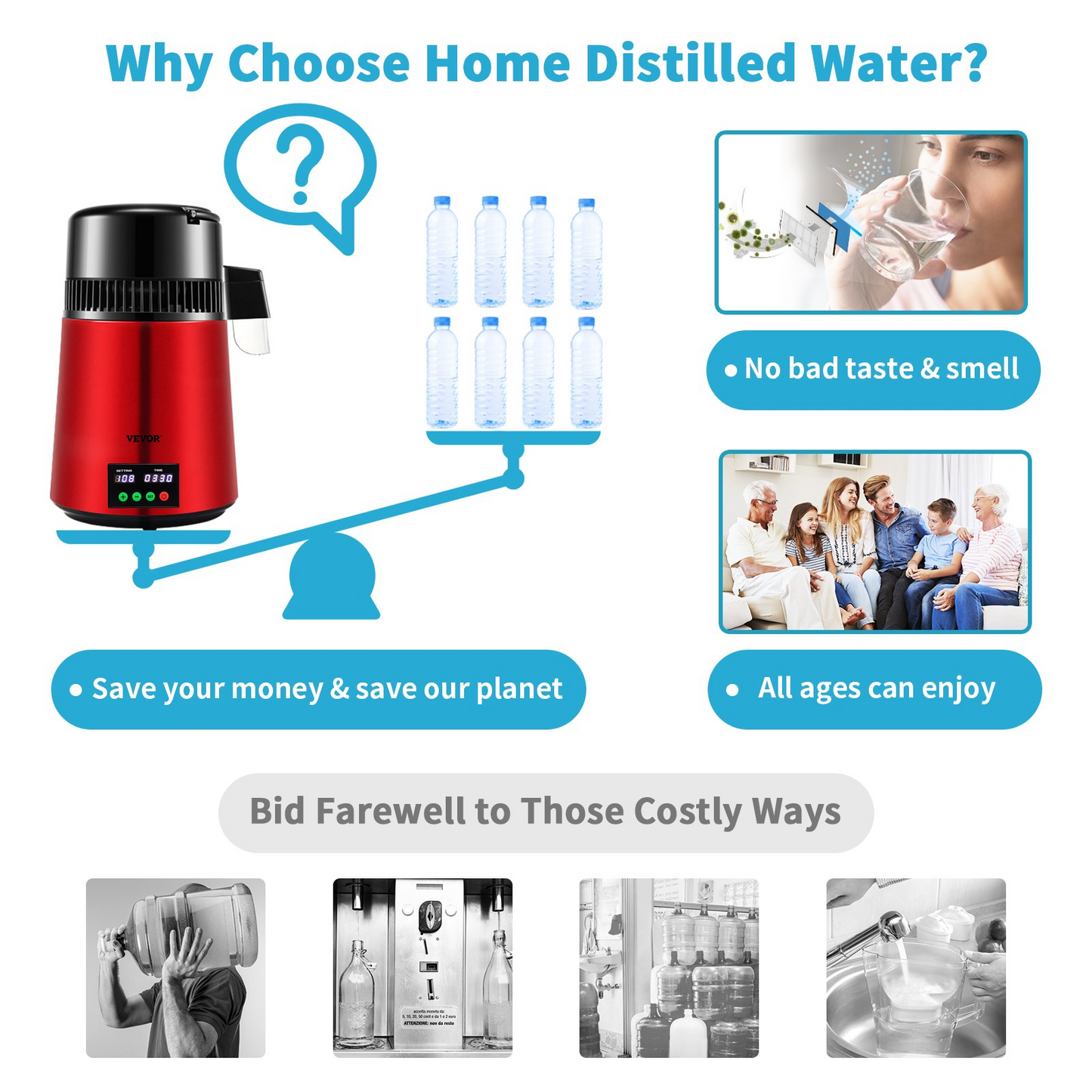VEVOR 1.1Gal Water Distiller, 0.3Gal/H, 750W Distilled Water Maker Machine 0-99H Timing Setting Temp Display, 304 Stainless Steel Countertop Distiller Glass Carafe Cleaning Powder 3 Carbon Packs, Red