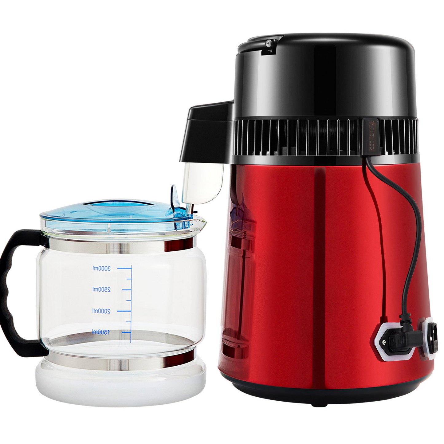 VEVOR 1.1Gal Water Distiller, 0.3Gal/H, 750W Distilled Water Maker Machine 0-99H Timing Setting Temp Display, 304 Stainless Steel Countertop Distiller Glass Carafe Cleaning Powder 3 Carbon Packs, Red