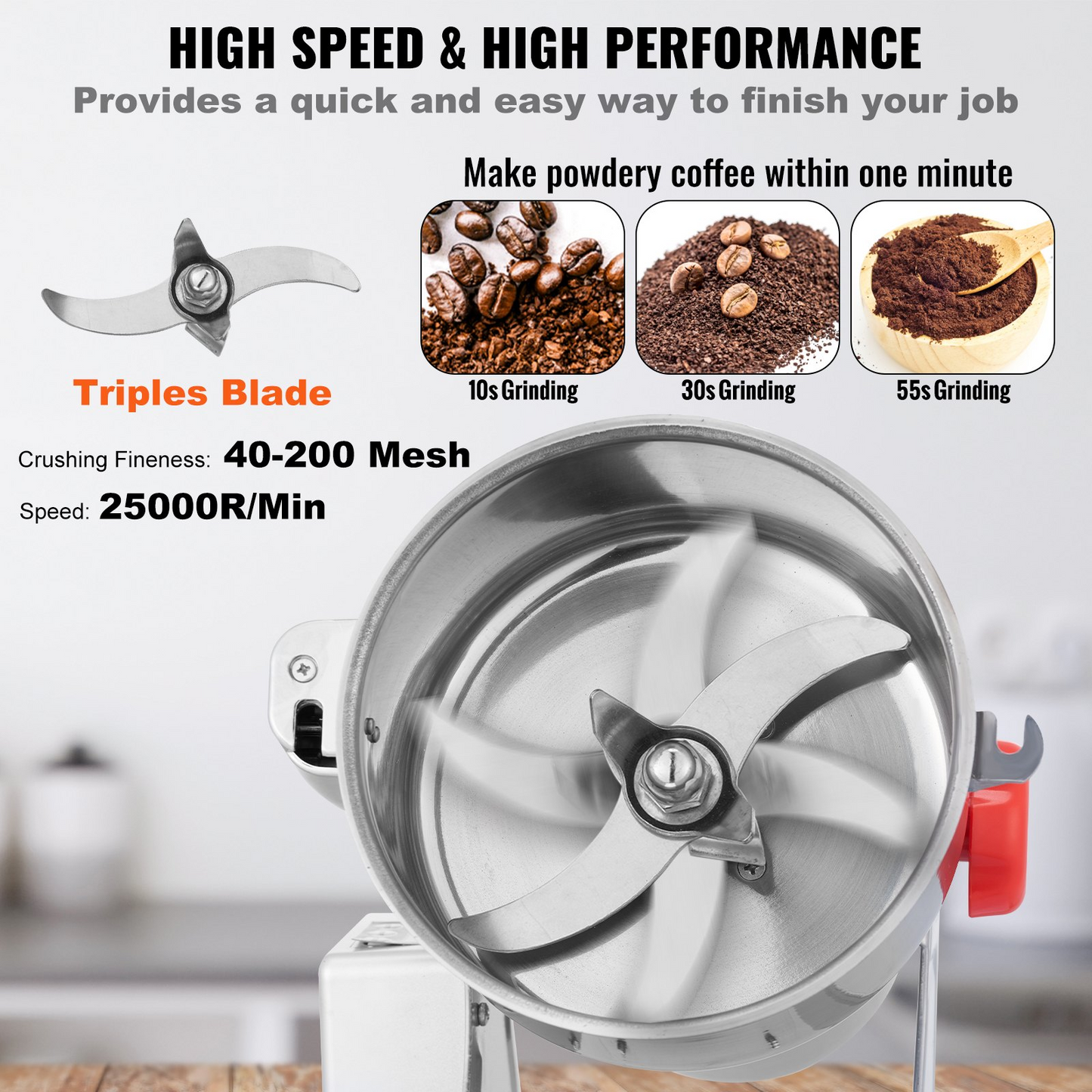 VEVOR 700g Electric Grain Mill Grinder, High Speed 2500W Commercial Spice Grinders, Stainless Steel Pulverizer Powder Machine, for Dry Herbs Grains Spices Cereals Coffee Corn Pepper, Swing Type