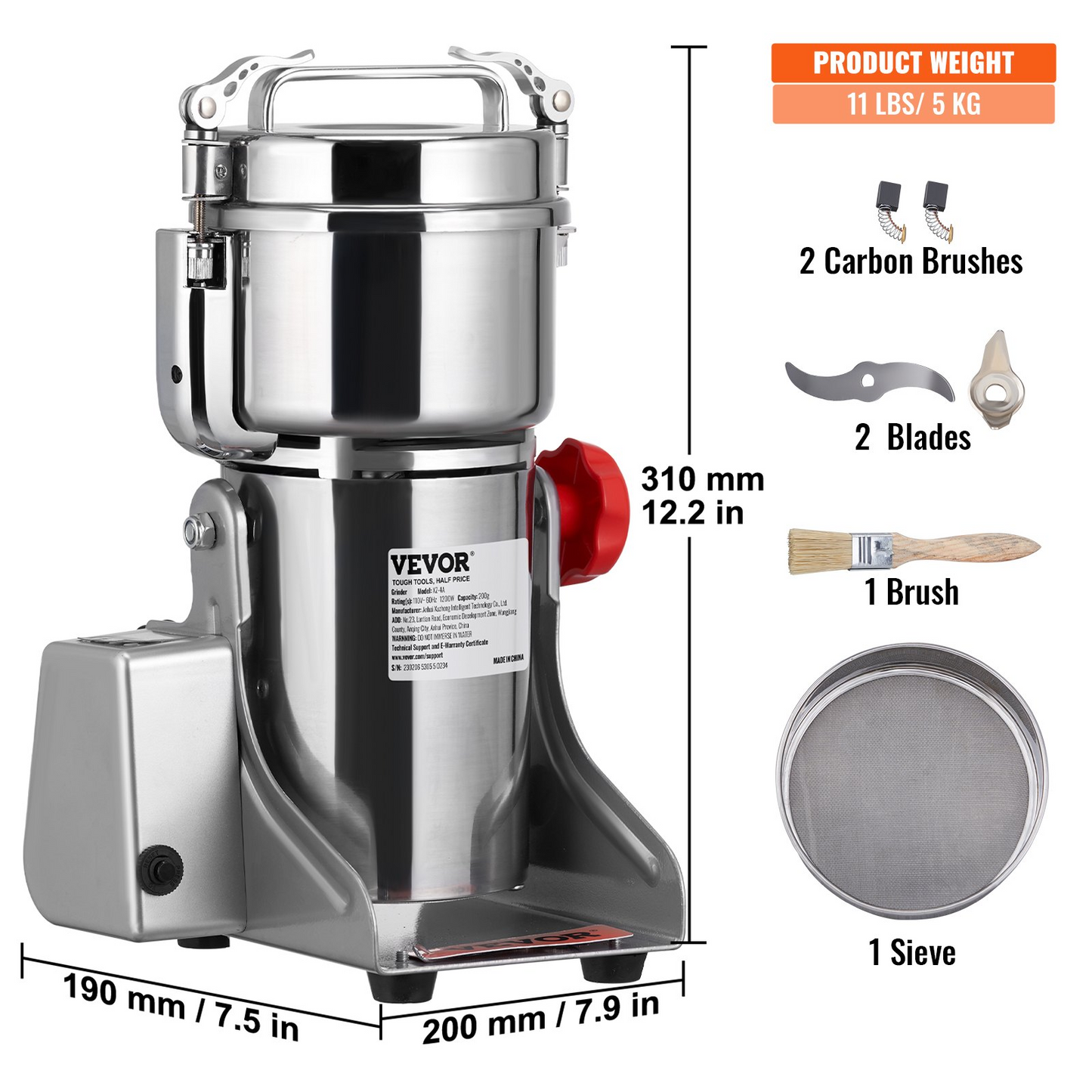 VEVOR 700g Electric Grain Mill Grinder, High Speed 2500W Commercial Spice Grinders, Stainless Steel Pulverizer Powder Machine, for Dry Herbs Grains Spices Cereals Coffee Corn Pepper, Swing Type