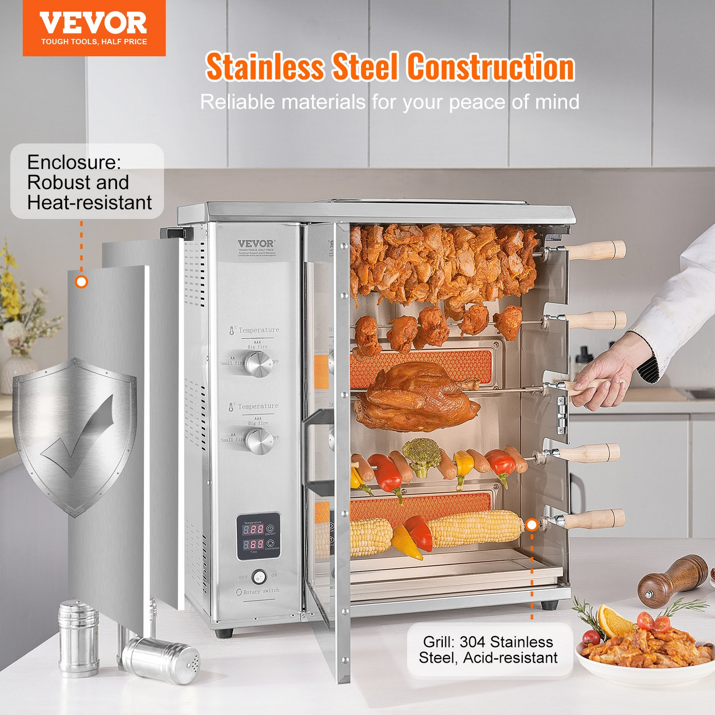 VEVOR Shawarma Grill Machine, 5 Strings of Barbecue Capacity, Chicken Shawarma Cooker Machine with 2 Burners, Gas Vertical Broiler Gyro Rotisserie Oven Doner Kebab Machine, for Home Restaurant Kitchen