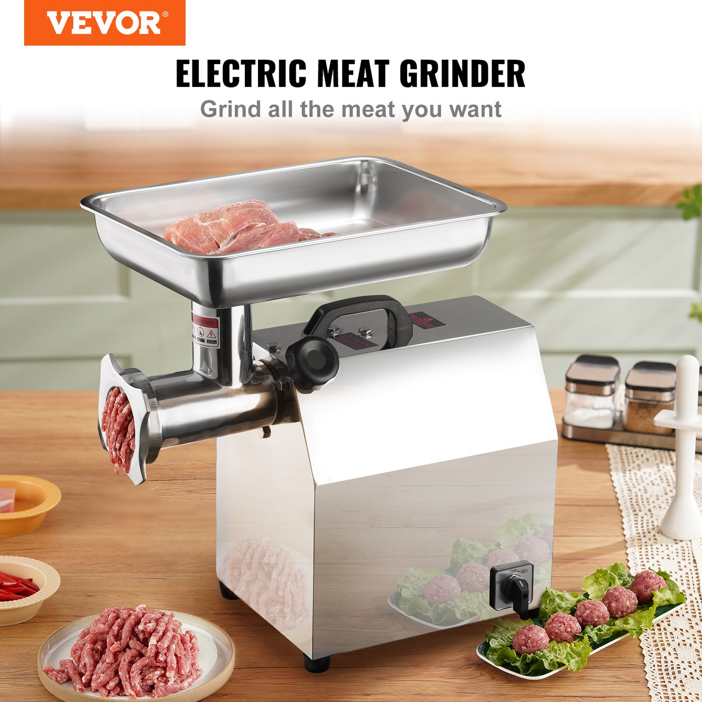 VEVOR Electric Meat Grinder, 8.3 Lb/Min, 650W(3800W MAX) Industrial Meat Mincer with 2 Blade, 3 Grinding Plates, Sausage Kit 304 Stainless Steel Commercial Meat Grinder, ETL Listed