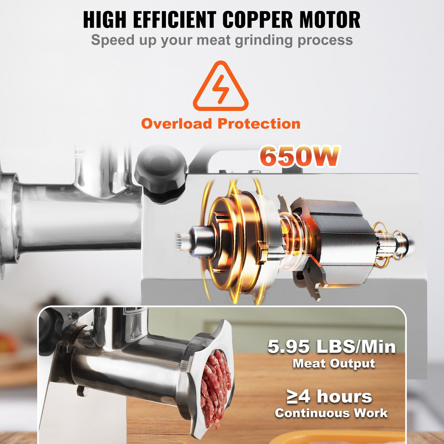 VEVOR Electric Meat Grinder, 8.3 Lb/Min, 650W(3800W MAX) Industrial Meat Mincer with 2 Blade, 3 Grinding Plates, Sausage Kit 304 Stainless Steel Commercial Meat Grinder, ETL Listed