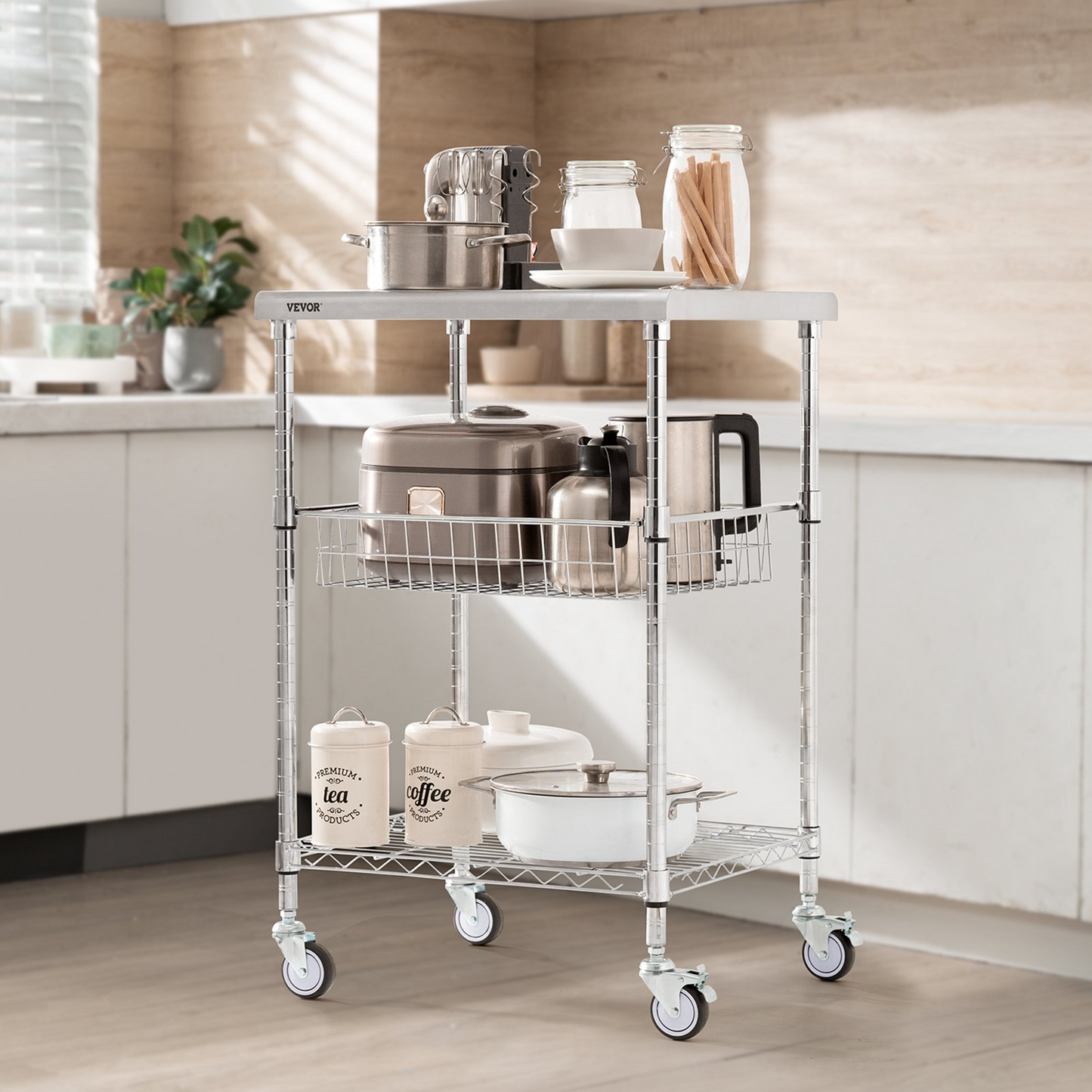 VEVOR 3-Tier Utility Cart Rolling Cart on Wheels 24"x20"x36.6" 470 LBS 6 Hooks