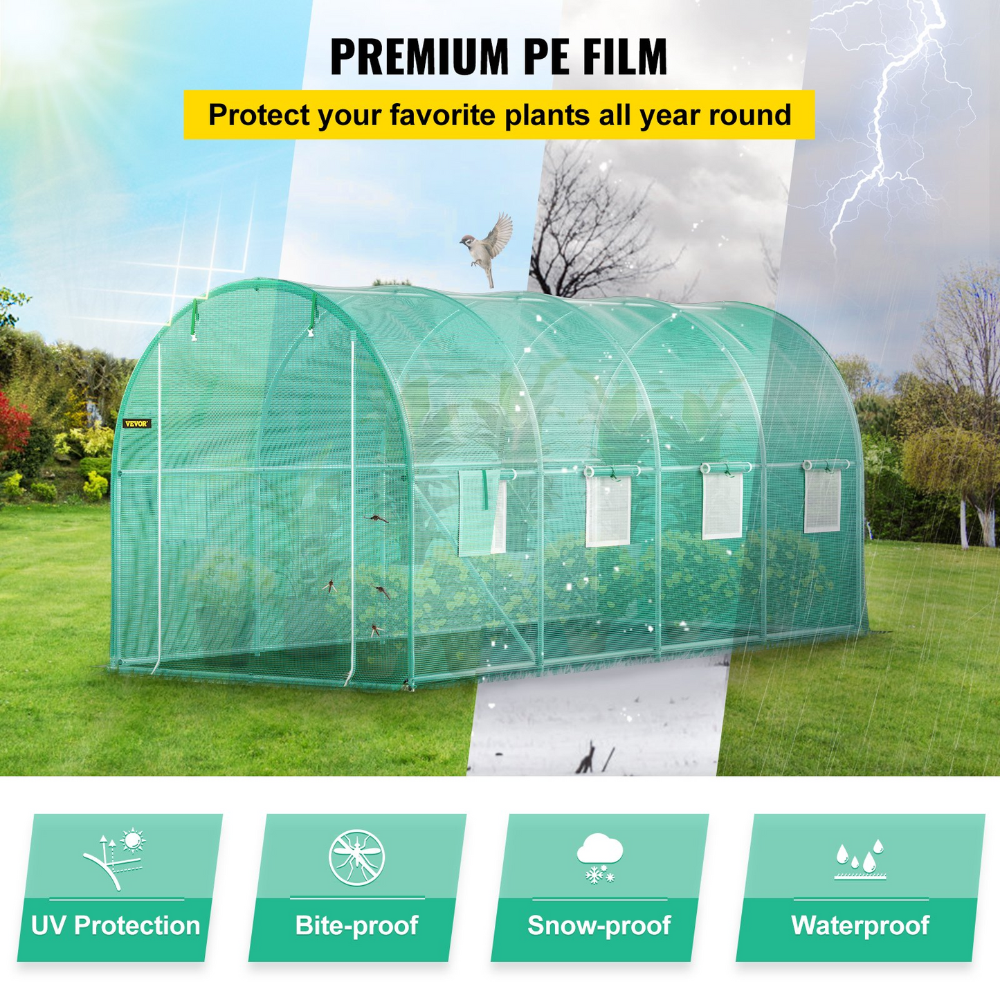 VEVOR Walk-in Tunnel Greenhouse, 14.8 x 6.6 x 6.6 ft Portable Plant Hot House w/ Galvanized Steel Hoops, 1 Top Beam, Diagonal Poles, Zippered Door & 8 Roll-up Windows, Green