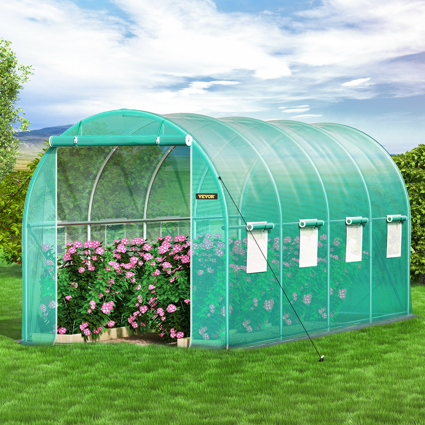 VEVOR Walk-in Tunnel Greenhouse, 14.8 x 6.6 x 6.6 ft Portable Plant Hot House w/ Galvanized Steel Hoops, 1 Top Beam, Diagonal Poles, Zippered Door & 8 Roll-up Windows, Green