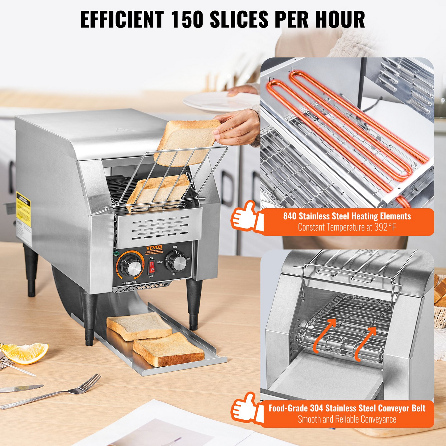VEVOR Commercial Conveyor Toaster, 150 Slices/Hour Conveyor Belt Toaster, Heavy Duty Stainless Steel Commercial Toaster Oven, Electric Restaurant Commercial Toaster for Toast Bun, Bagel, Bread