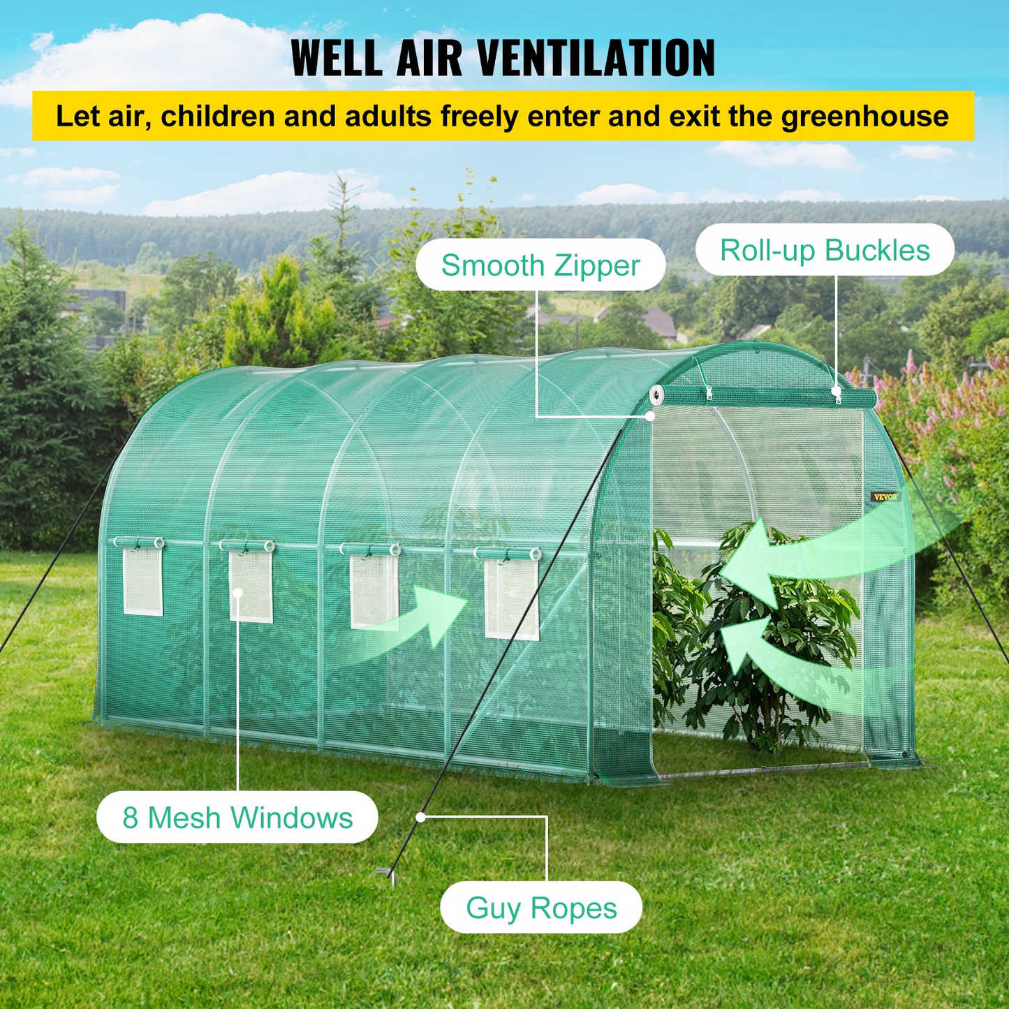 VEVOR Walk-in Tunnel Greenhouse, 14.8 x 6.6 x 6.6 ft Portable Plant Hot House w/ Galvanized Steel Hoops, 1 Top Beam, Diagonal Poles, Zippered Door & 8 Roll-up Windows, Green