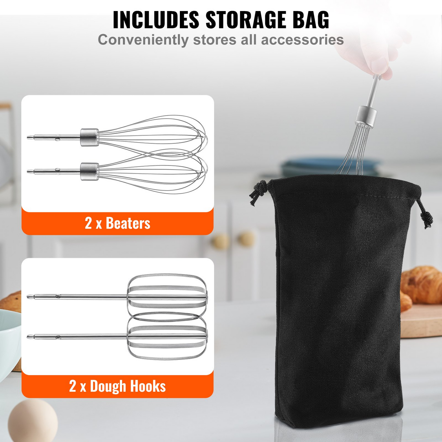 VEVOR Cordless Electric Hand Mixer, 250W, Continuously Variable Electric Handheld Mixer, with Turbo Boost Beaters Dough Hooks Storage Bag, Baking Supplies for Whipping Mixing Egg Cookie Cake Cream