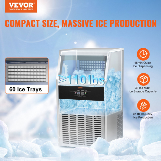 VEVOR Commercial Ice Maker, 110lbs/24H, Ice Maker Machine, 60 Ice Cubes in 12-15 Minutes, Freestanding Cabinet Ice Maker with 33lbs Storage Capacity LED Digital Display, for Bar Home Office Restaurant