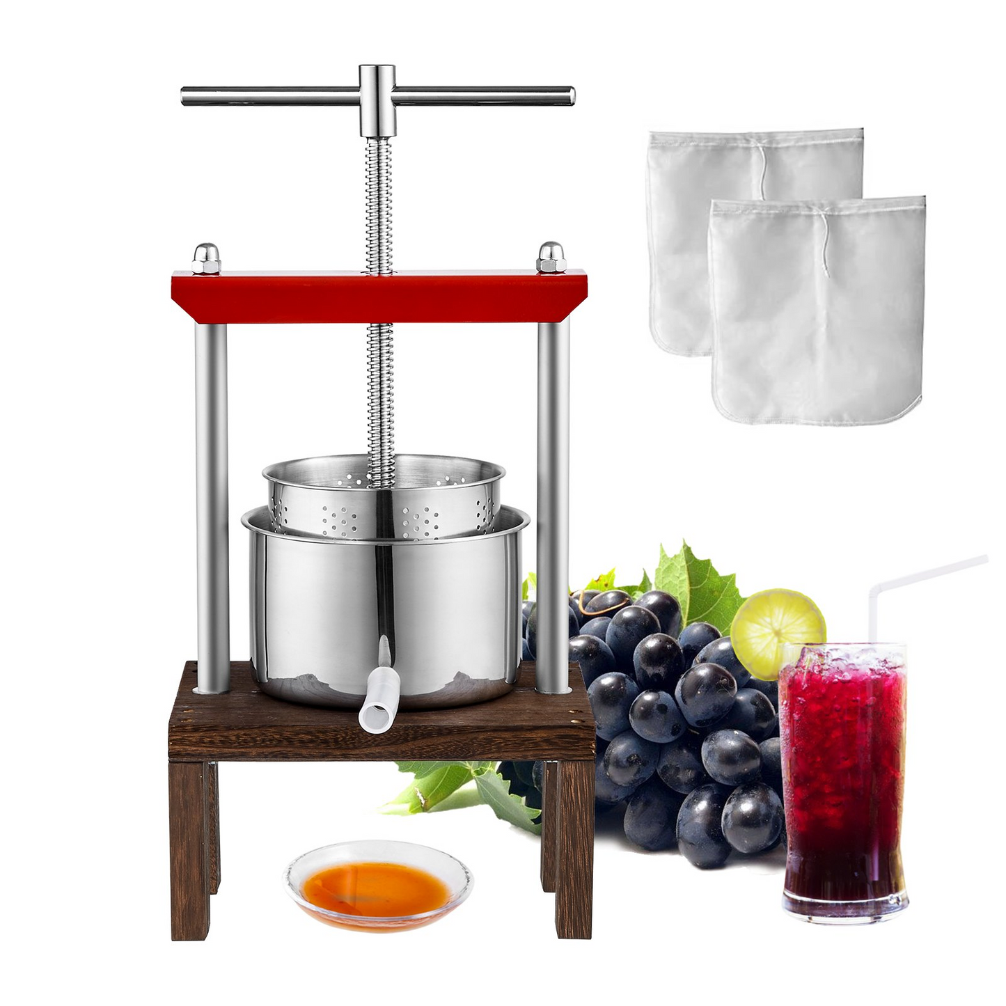 VEVOR Fruit Wine Press, 0.53 Gallon/2L, 2 Stainless Steel Barrels, Manual Juice Maker, Cider Apple Grape Tincture Vegetables Honey Olive Oil Making Press with T-Handle & Stable Base for Kitchen, Home