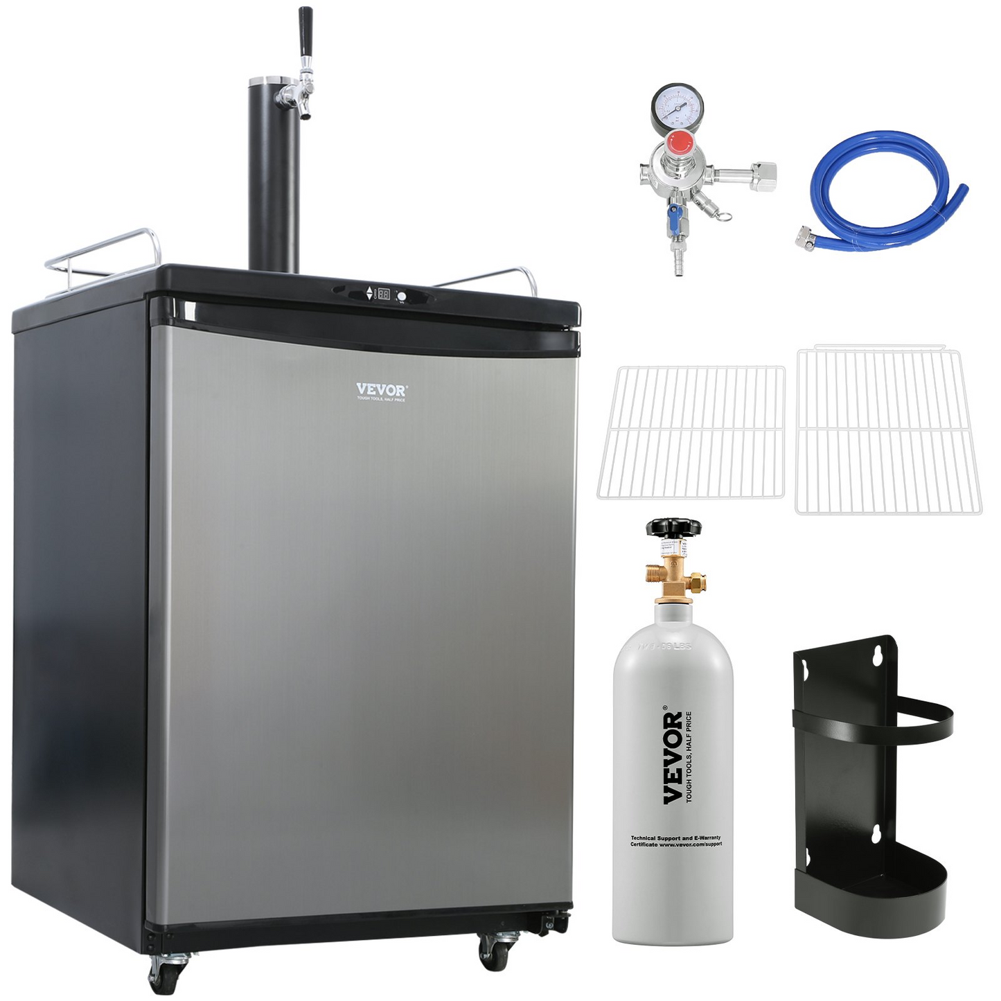 VEVOR Beer Kegerator, Single Tap Draft Beer Dispenser, Full Size Keg Refrigerator With Shelves, CO2 Cylinder, Drip Tray & Rail, 32°F- 75.2°F Temperature Control, Holds 1/6, 1/4, 1/2 Barrels, Black