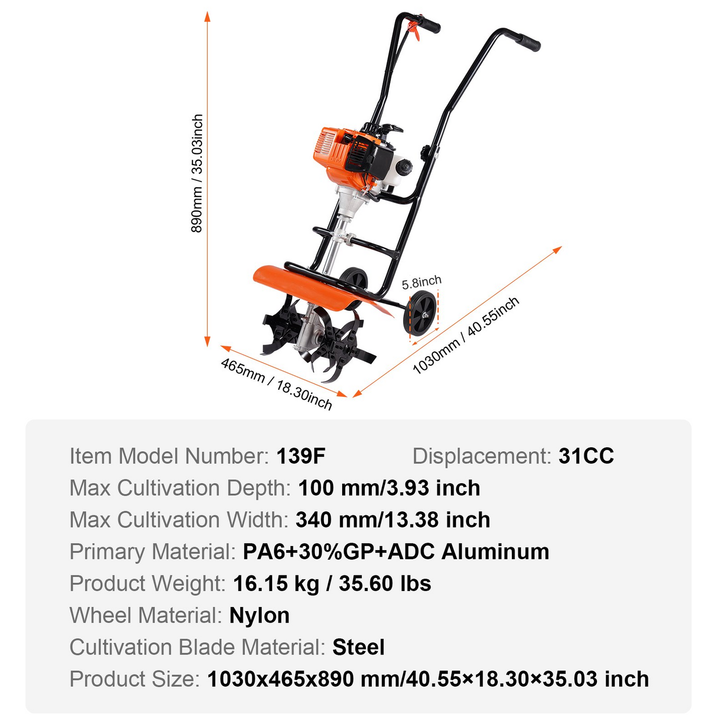VEVOR Tiller Cultivator, 31CC 4-Stroke Garden Cultivator, Tiller with 4 Steel Adjustable Front Tines for Lawn, Garden and Field Cultivation