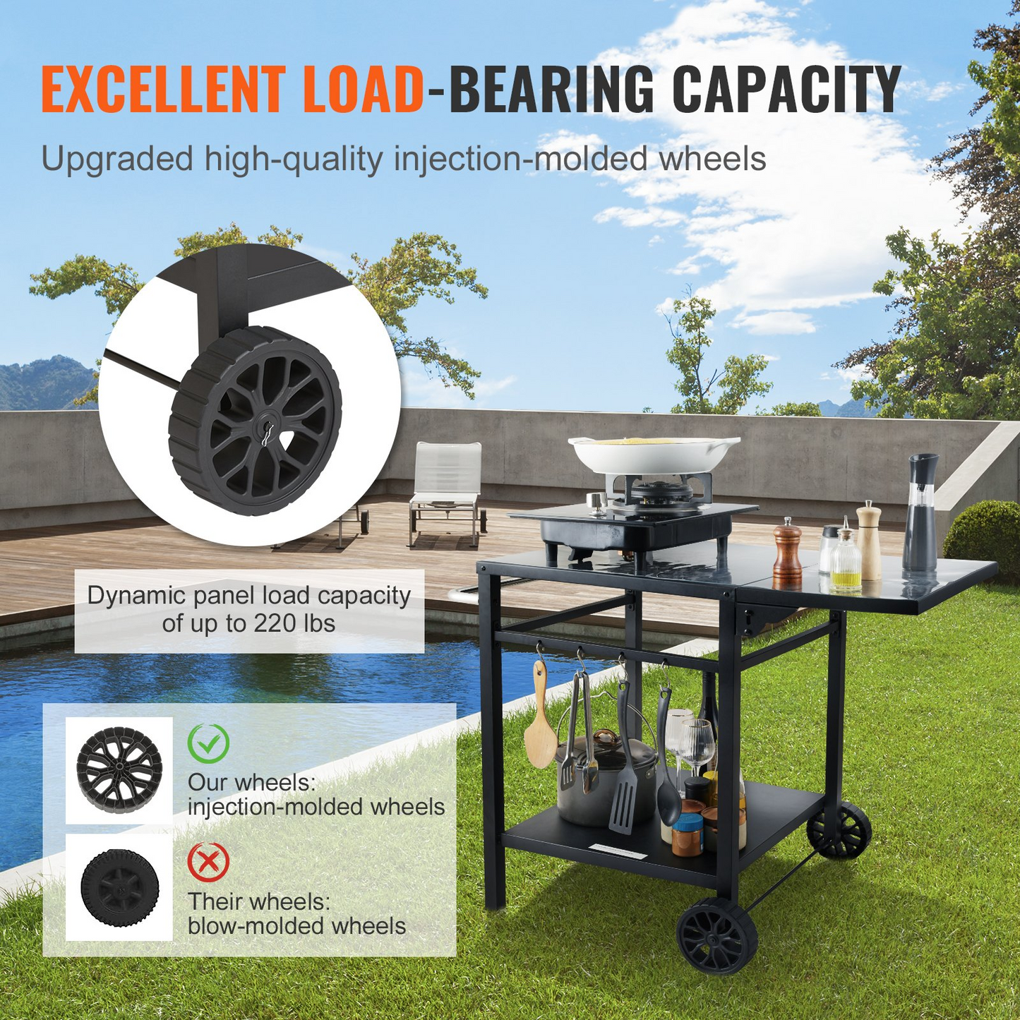 VEVOR Outdoor Grill Dining Cart with Double-Shelf, BBQ Movable Food Prep Table, Multifunctional Foldable Iron Table Top, Portable Modular Carts for Pizza Oven, Worktable with 2 Wheels, Carry Handle